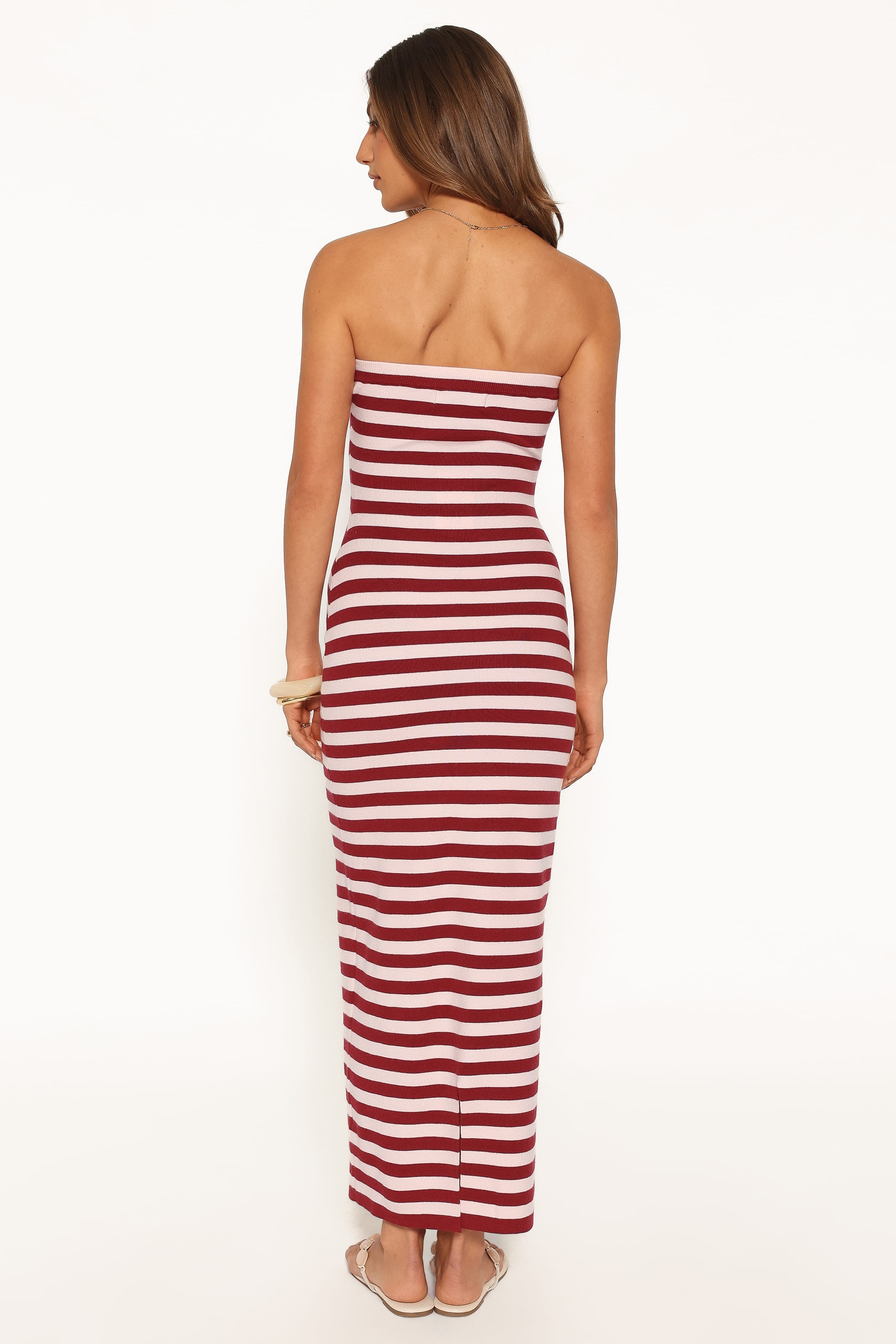 Strapless Midi Dress - Pink Burgundy Stripe