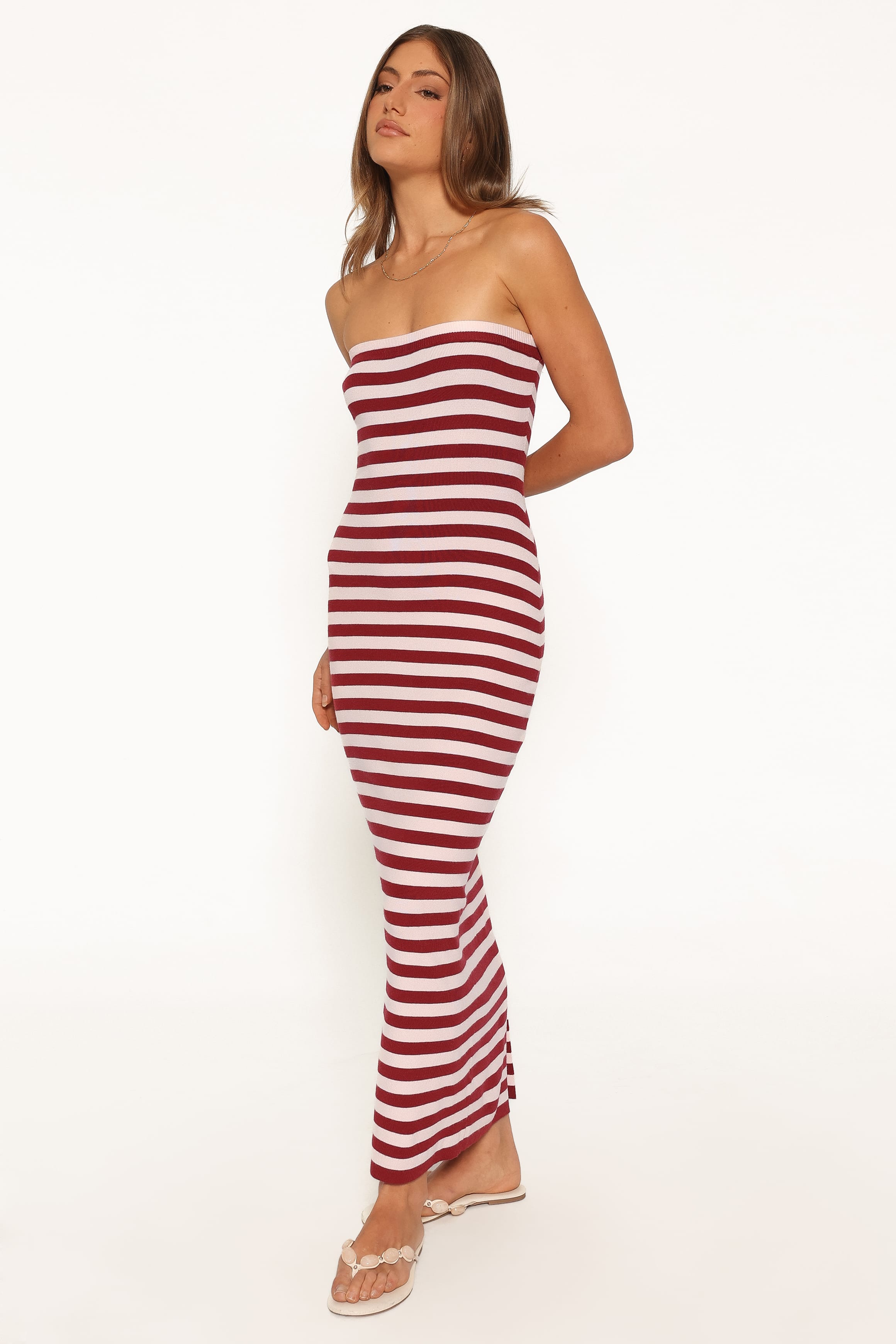 Strapless Midi Dress - Pink Burgundy Stripe