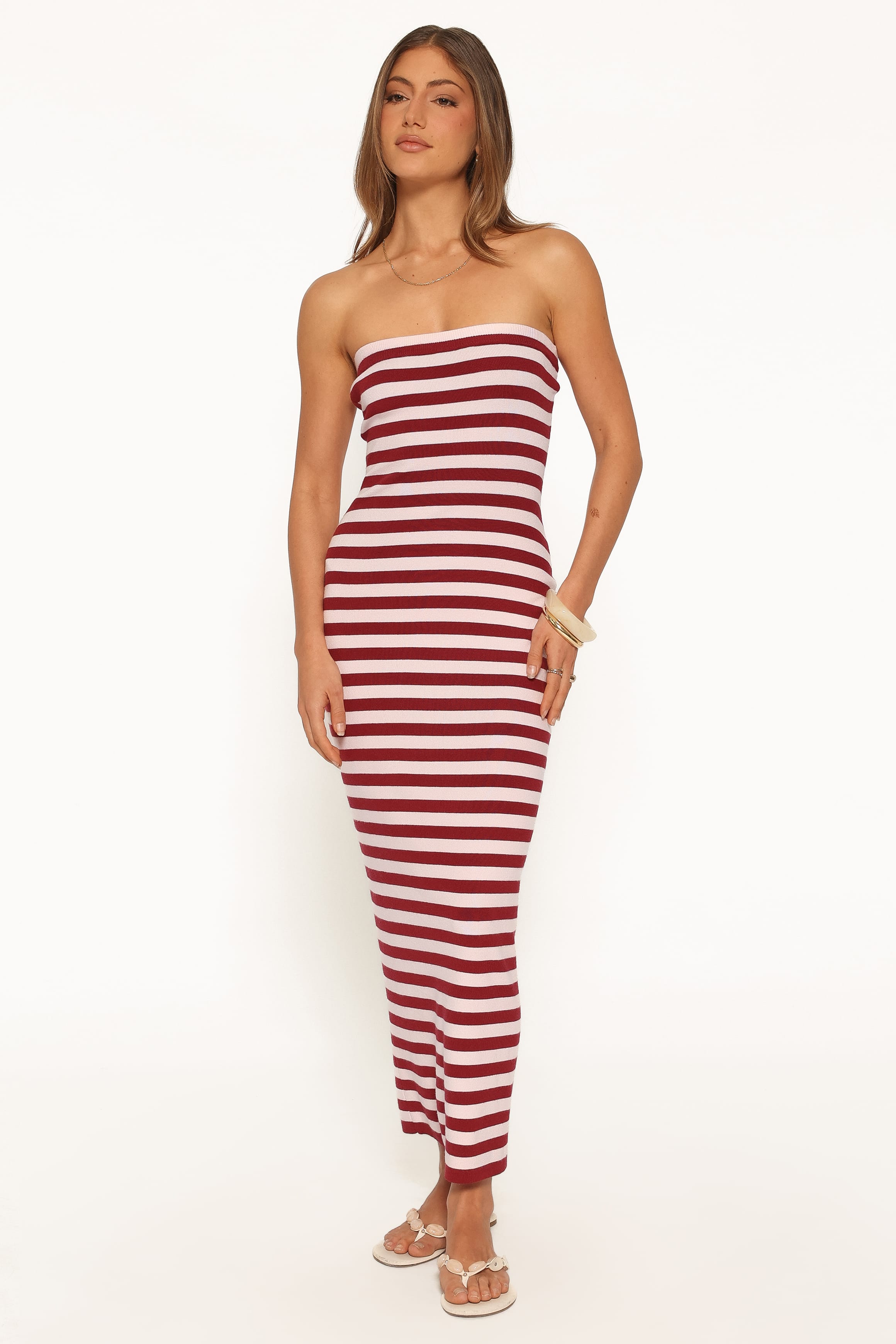 Strapless Midi Dress - Pink Burgundy Stripe