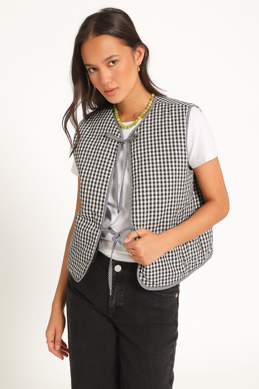 Tie Front Vest - Black Gingham