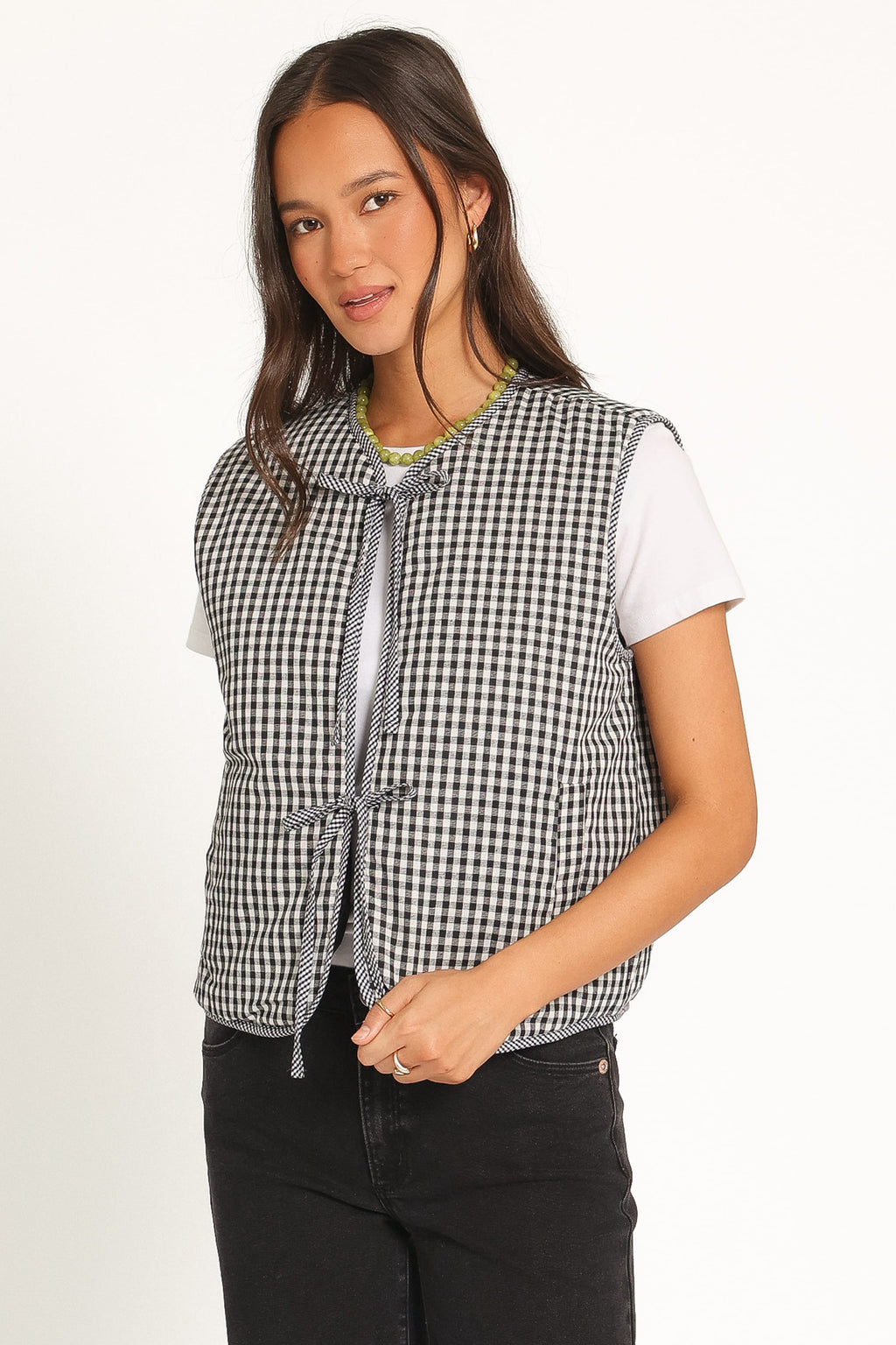 Tie Front Vest - Black Gingham