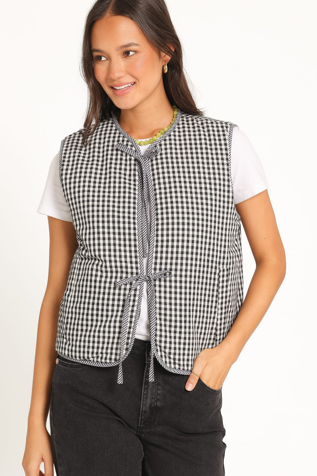 Tie Front Vest - Black Gingham