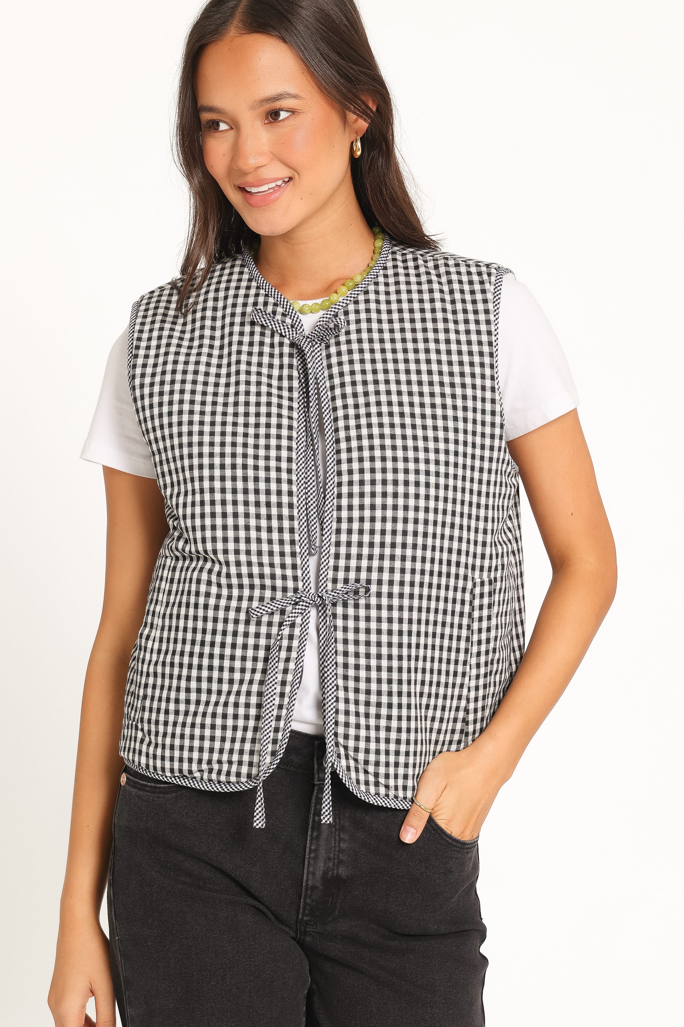 Tie Front Vest - Black Gingham