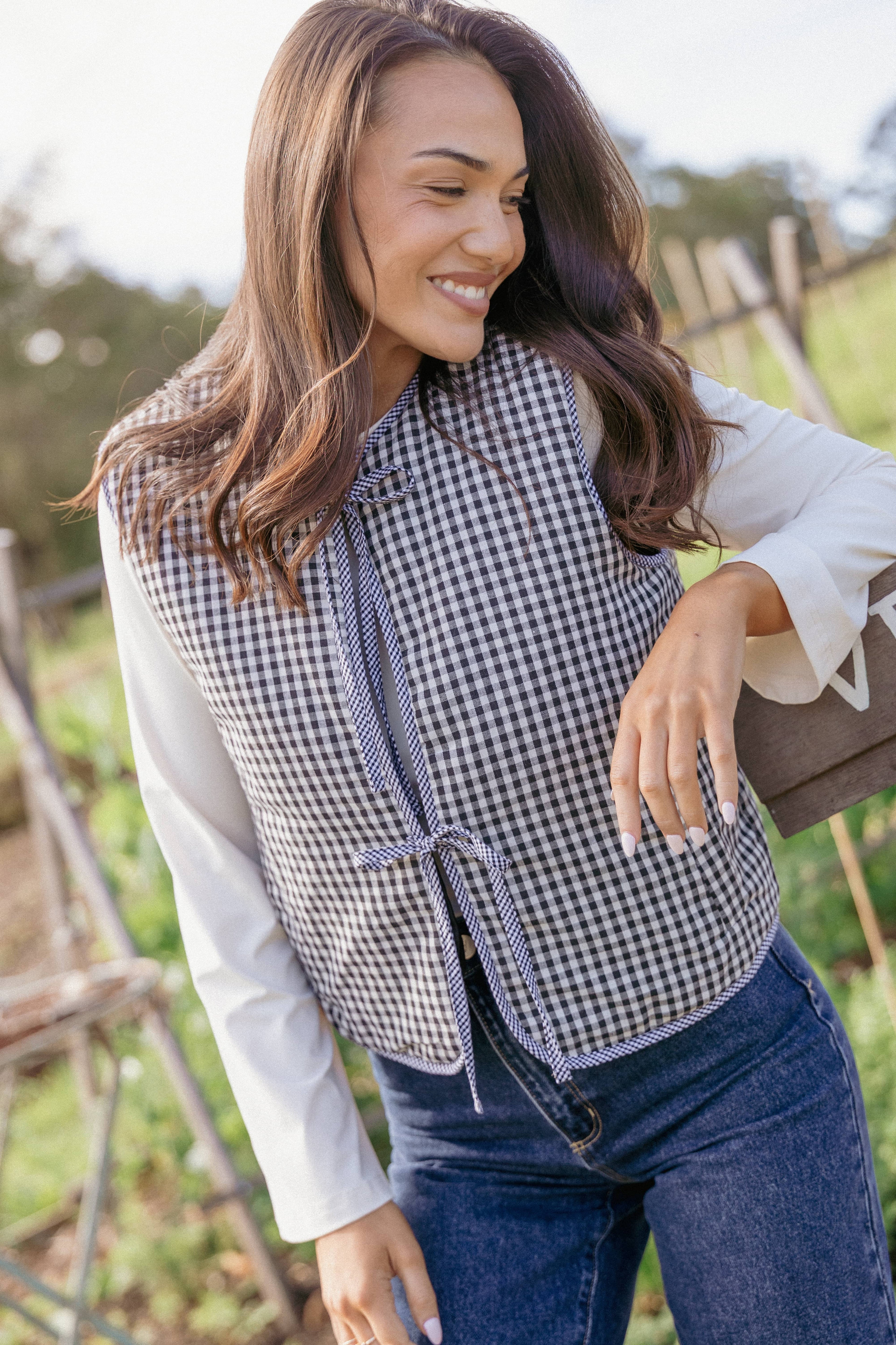 Tie Front Vest - Black Gingham