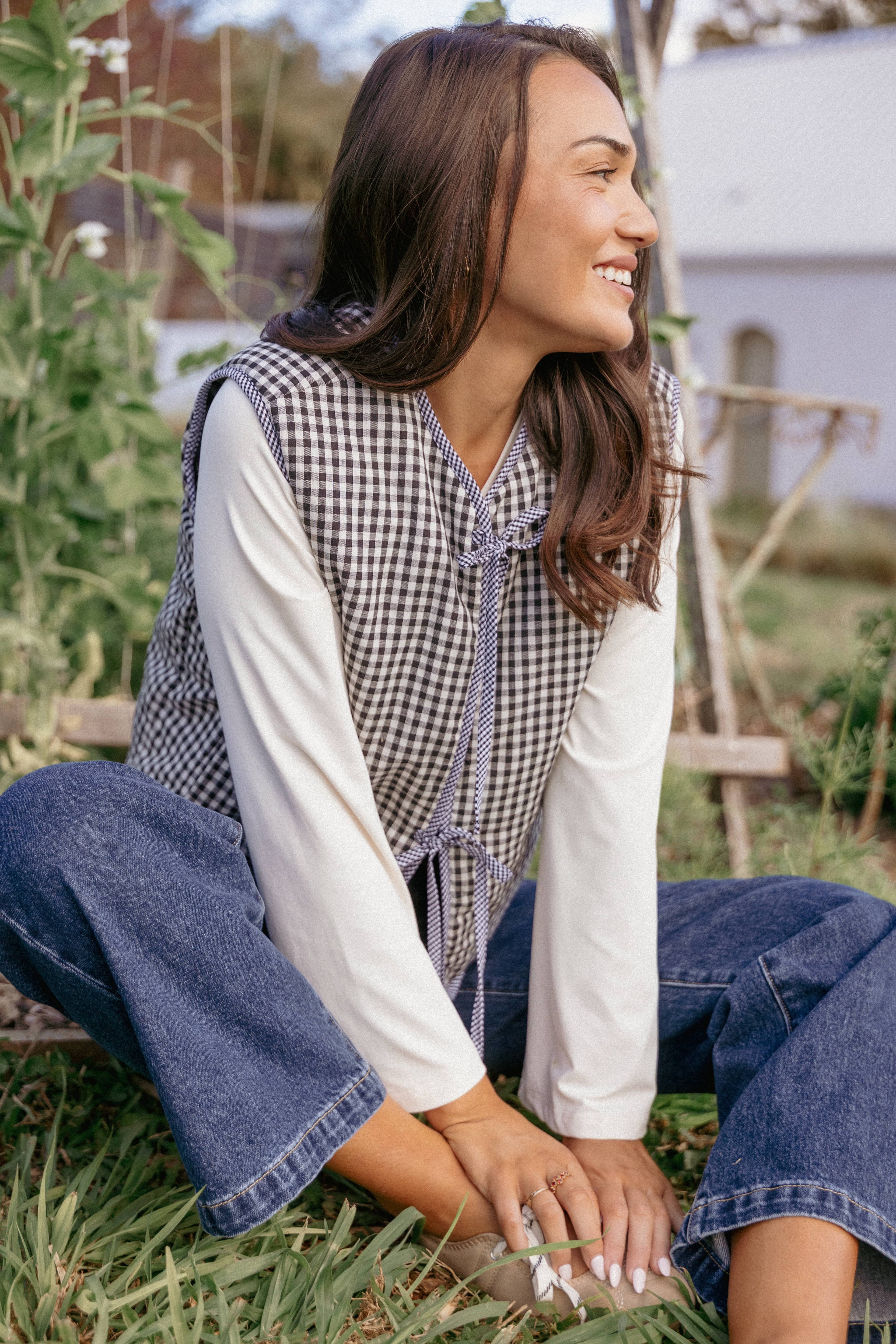 Tie Front Vest - Black Gingham