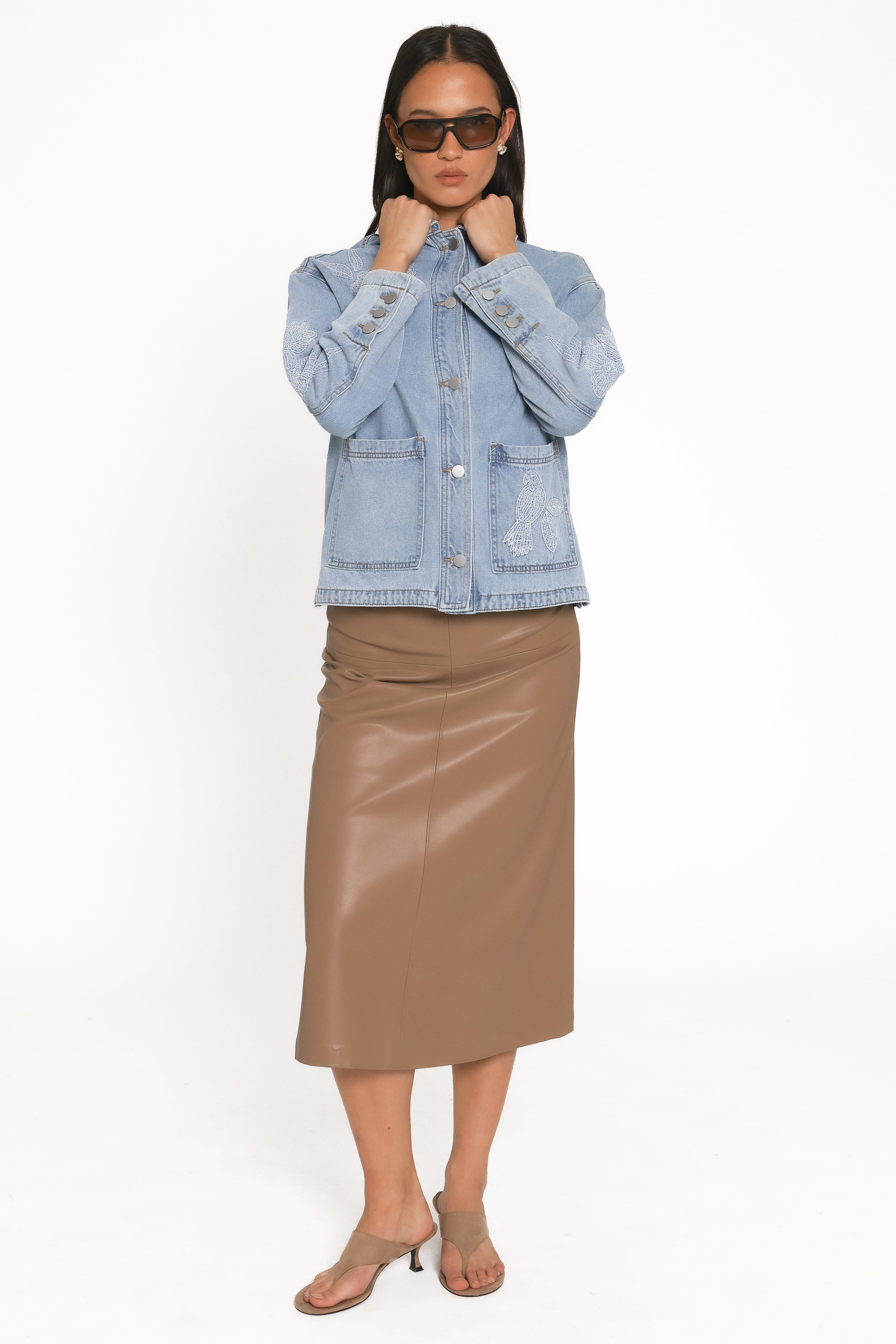Embroidered Denim Shirt Jacket - Light Wash