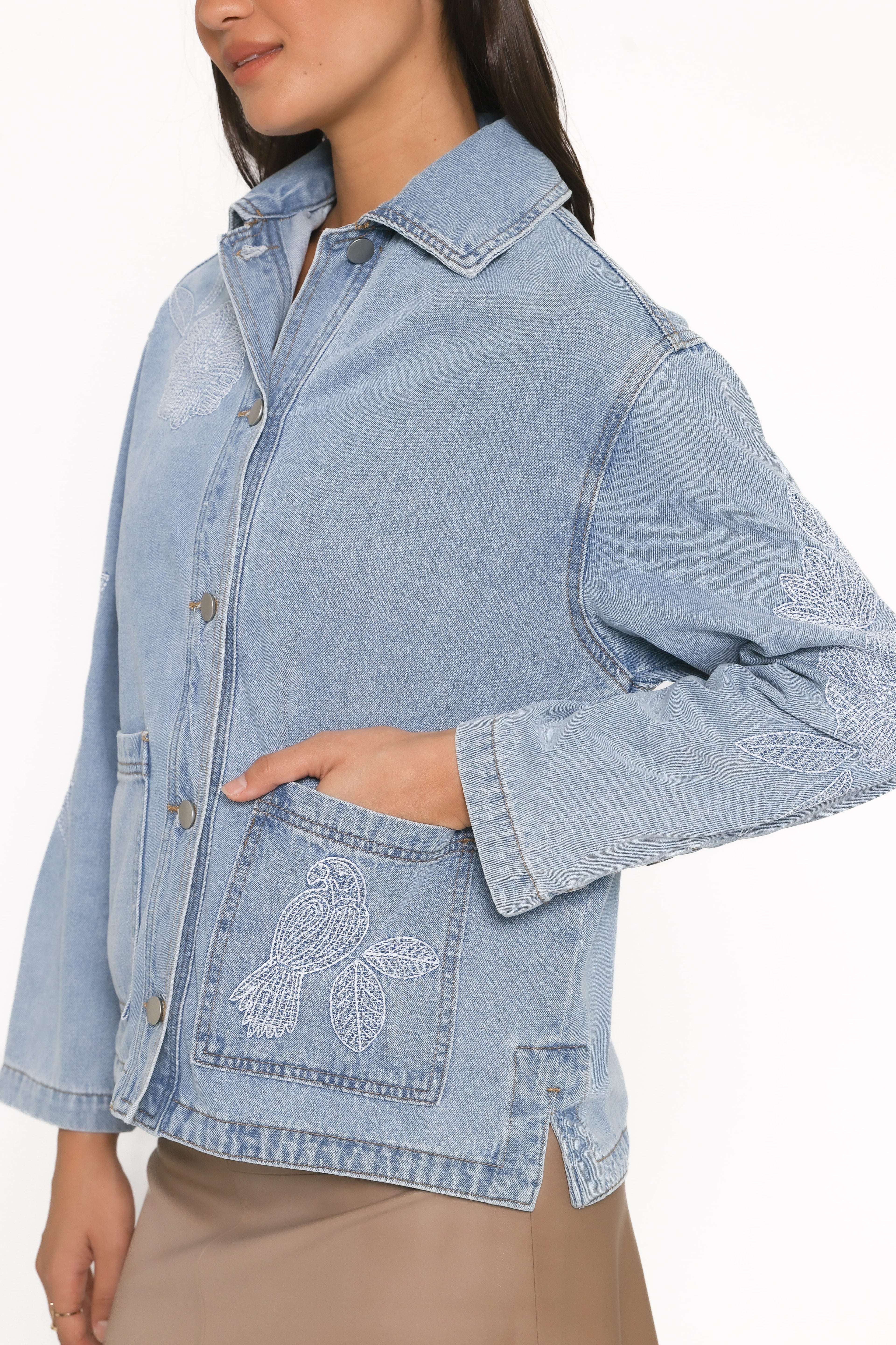 Embroidered Denim Shirt Jacket - Light Wash