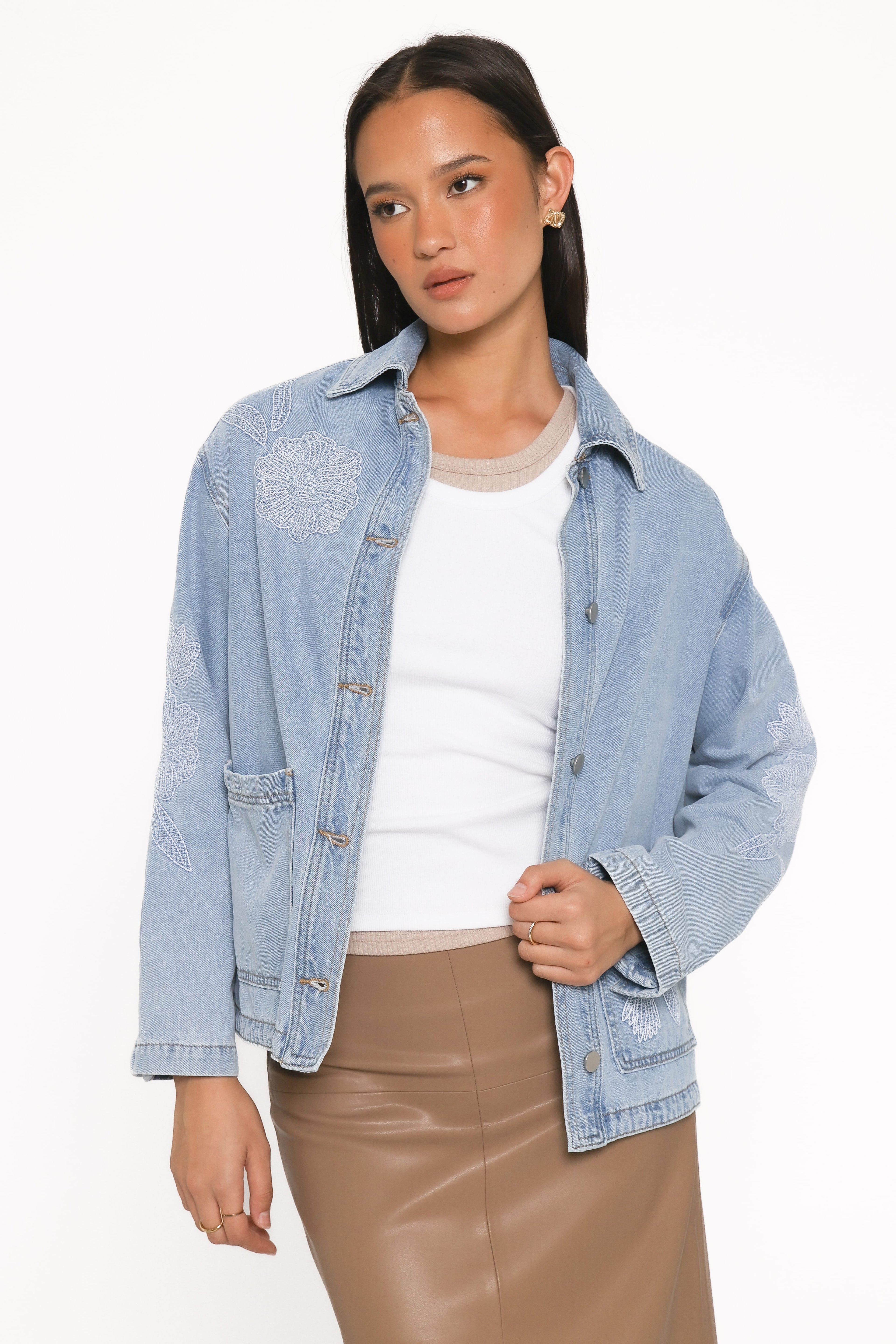 Embroidered Denim Shirt Jacket - Light Wash