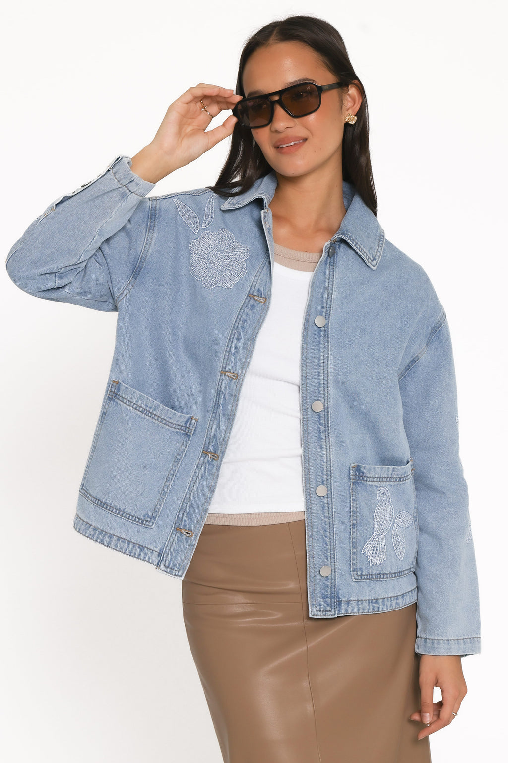 Embroidered Denim Shirt Jacket - Light Wash