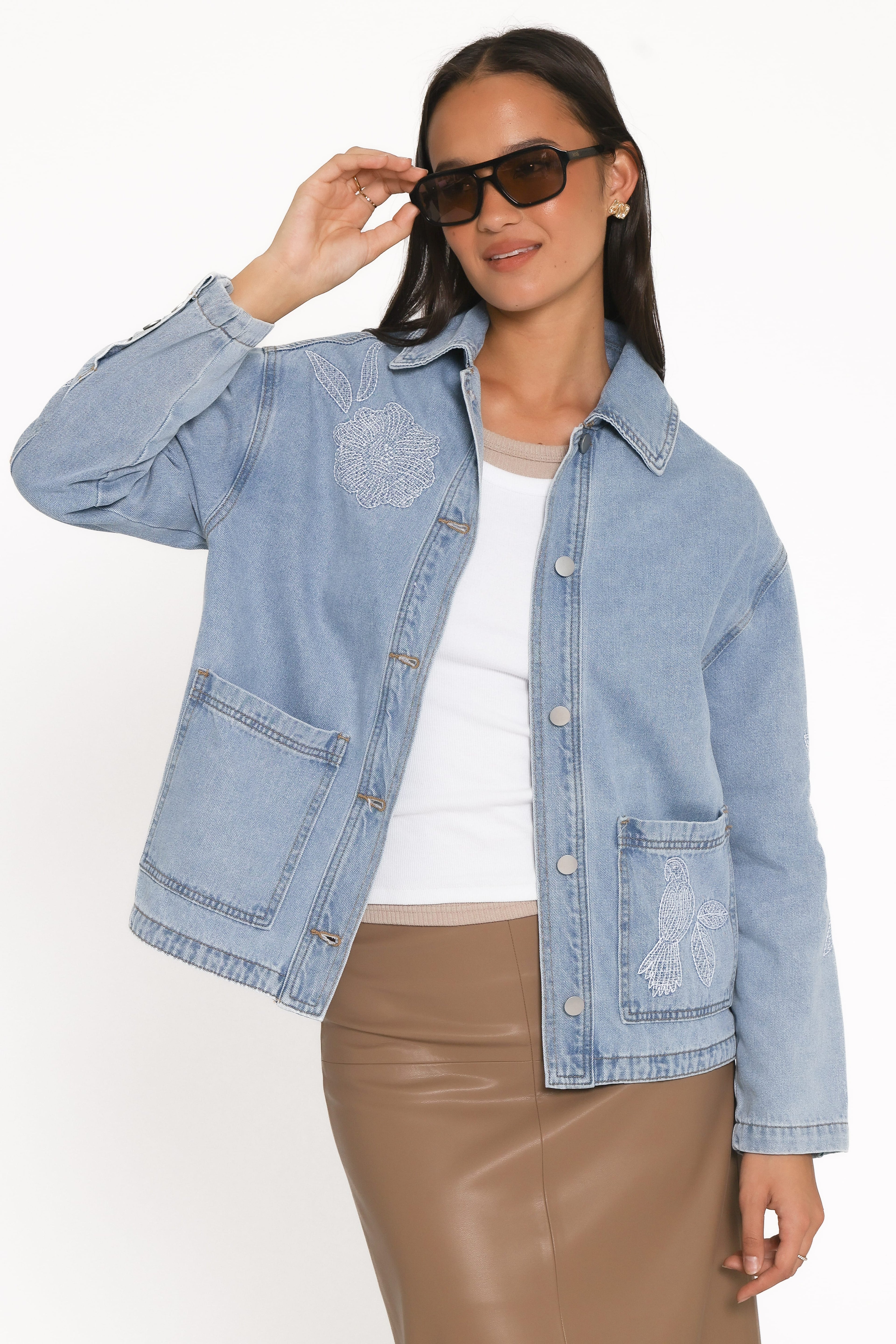 Embroidered Denim Shirt Jacket - Light Wash