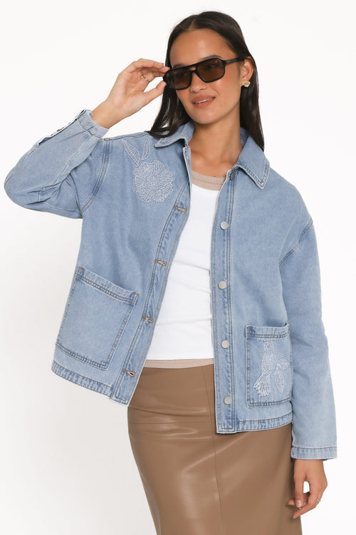 Embroidered Denim Shirt Jacket - Light Wash