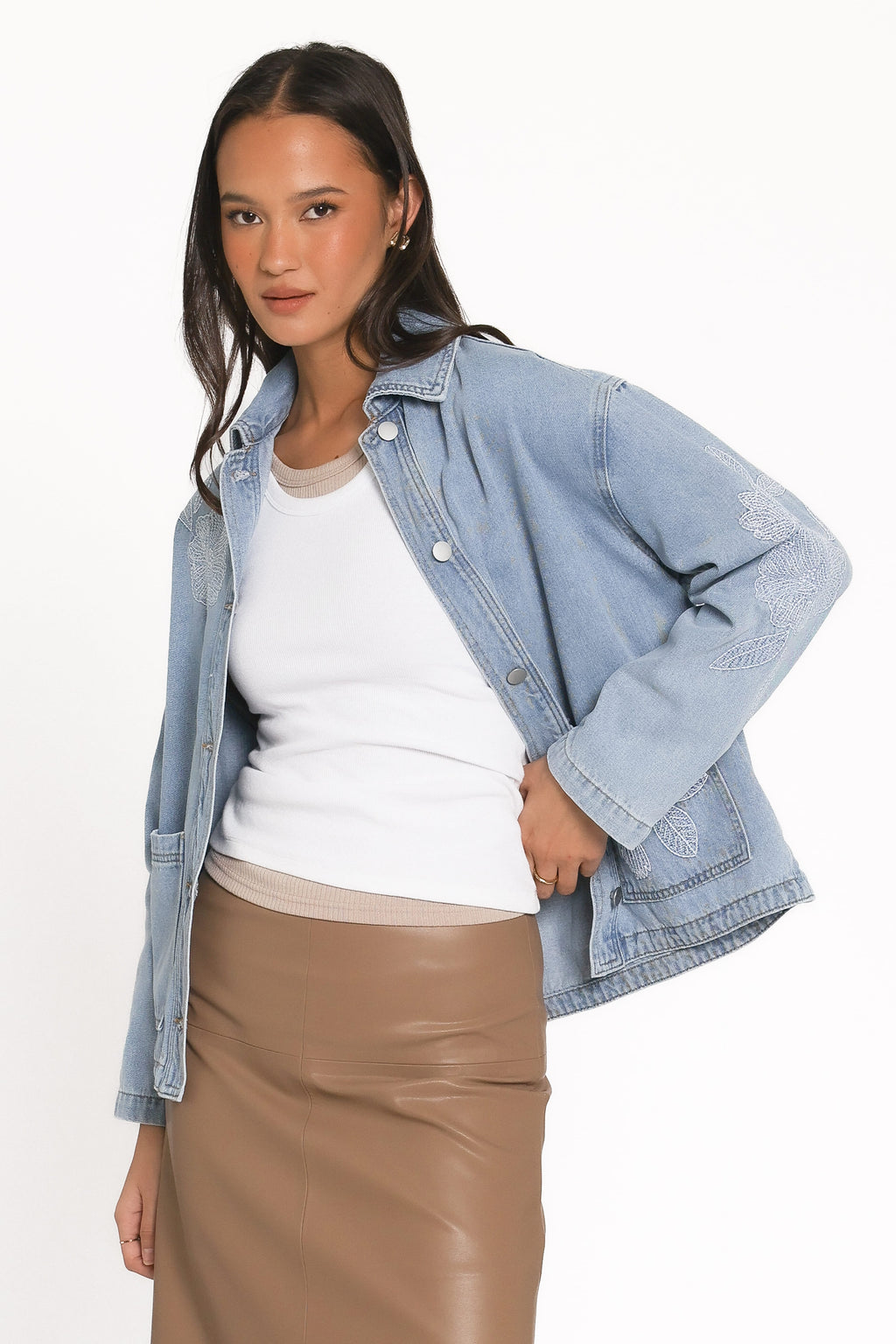 Embroidered Denim Shirt Jacket - Light Wash
