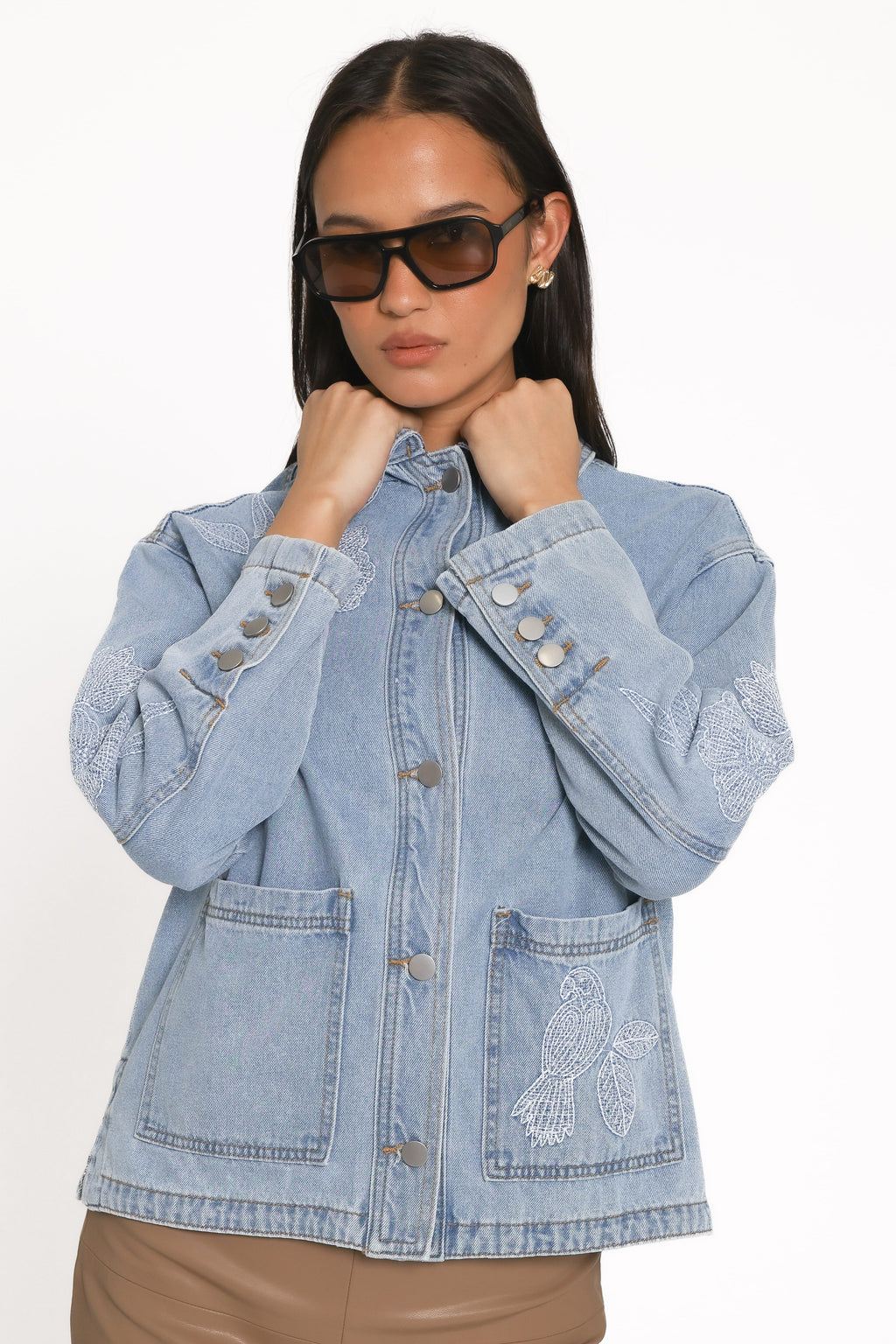 Embroidered Denim Shirt Jacket - Light Wash