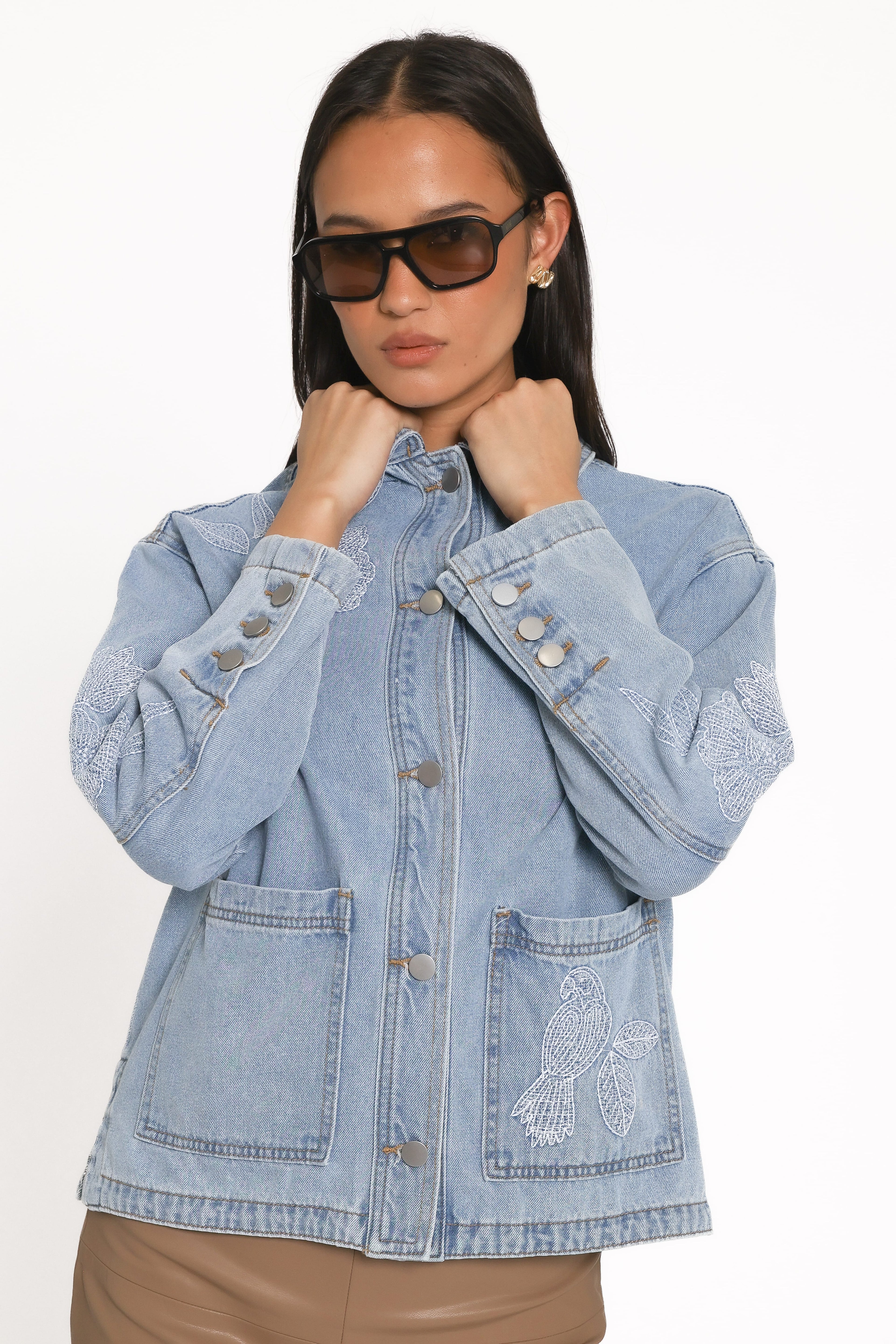 Embroidered Denim Shirt Jacket - Light Wash