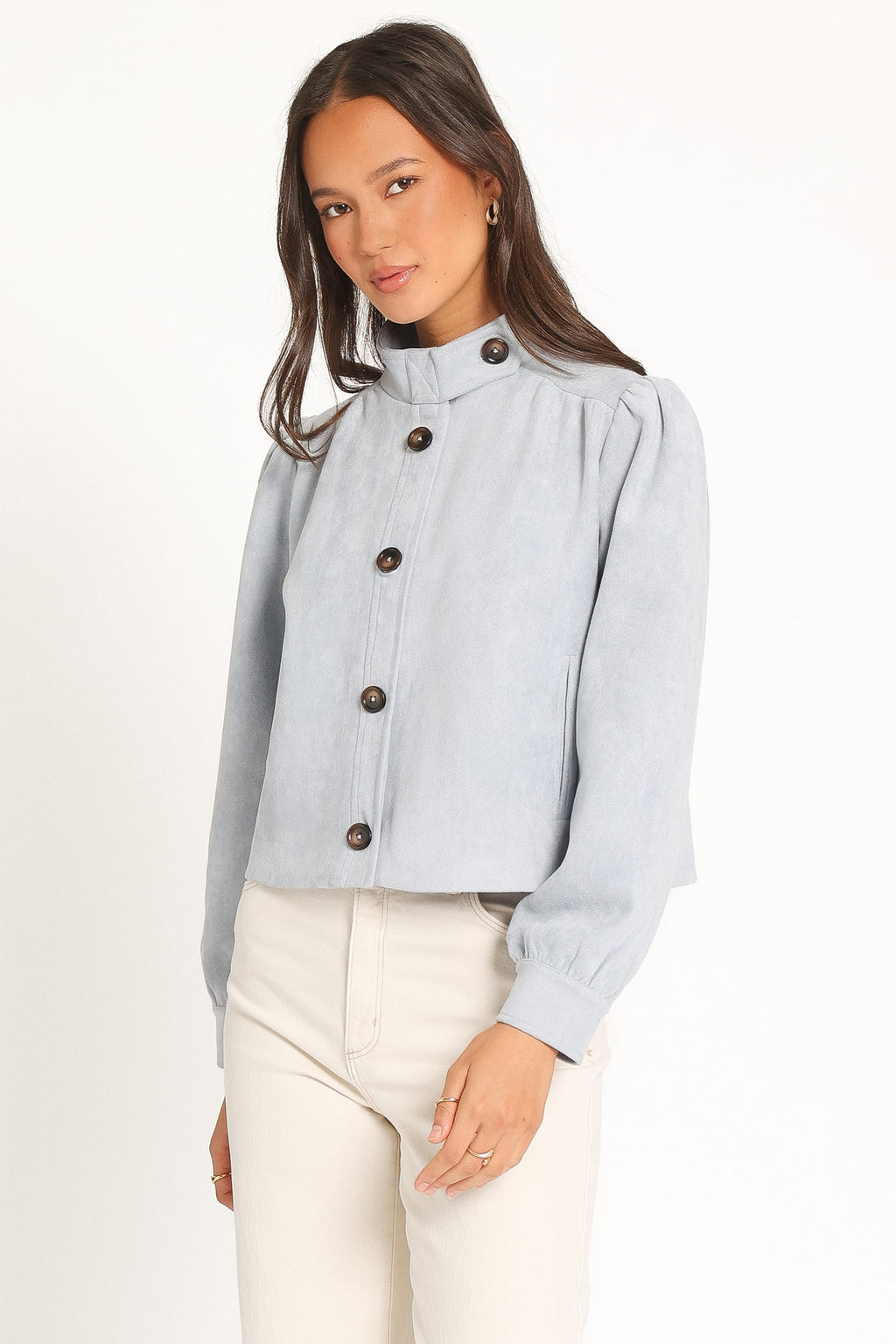 Kurze Jacke mit Puffärmeln – Babyblau