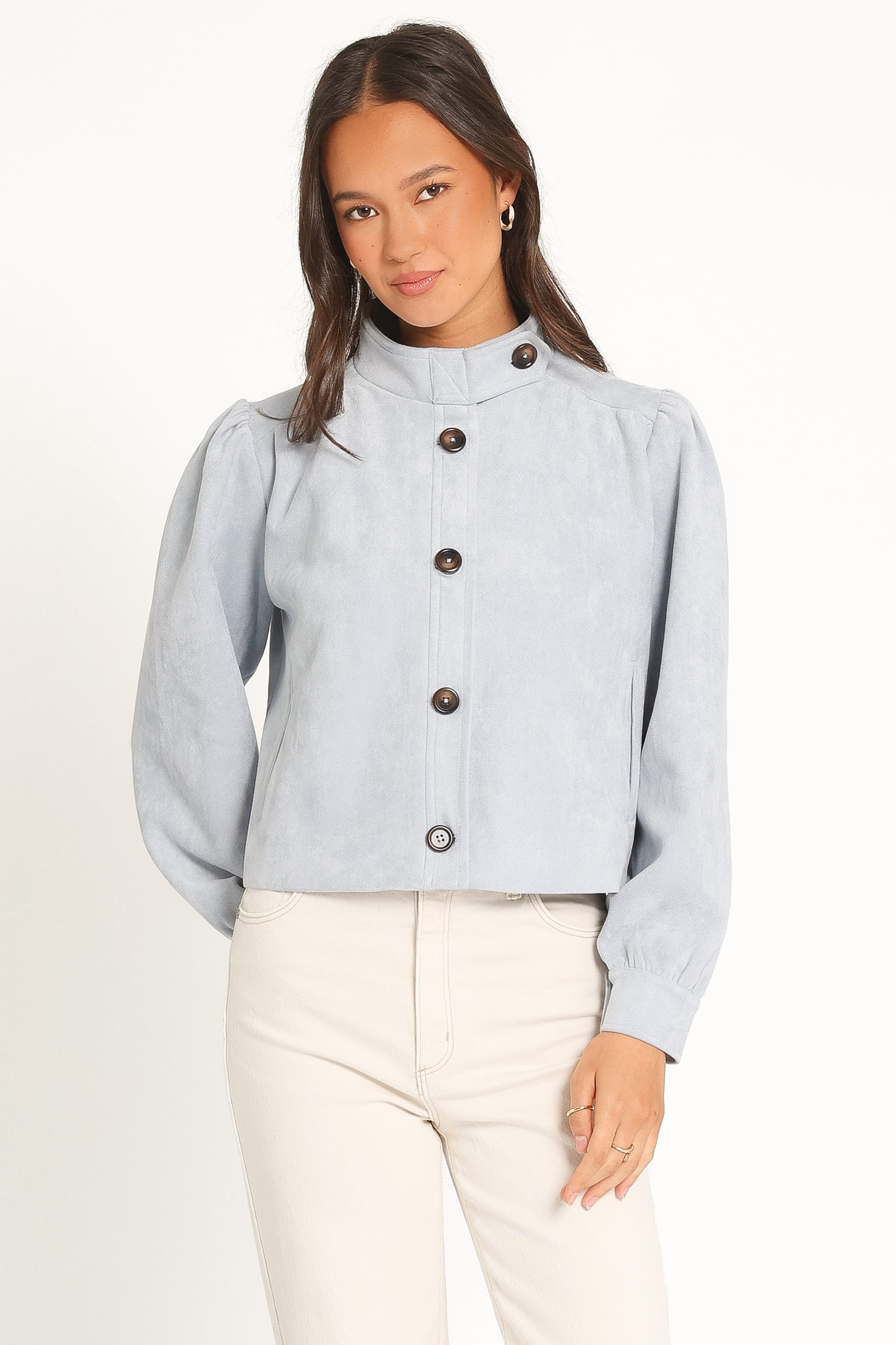 Kurze Jacke mit Puffärmeln – Babyblau