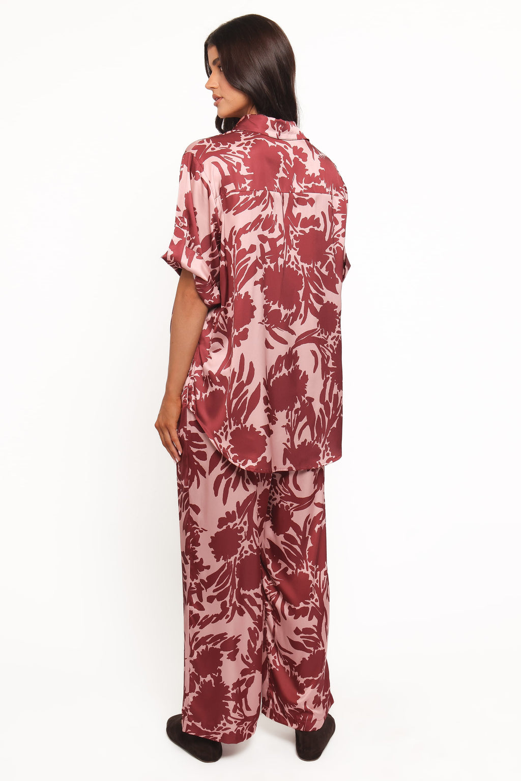 Wide Leg Pants - Pink Burgundy Floral