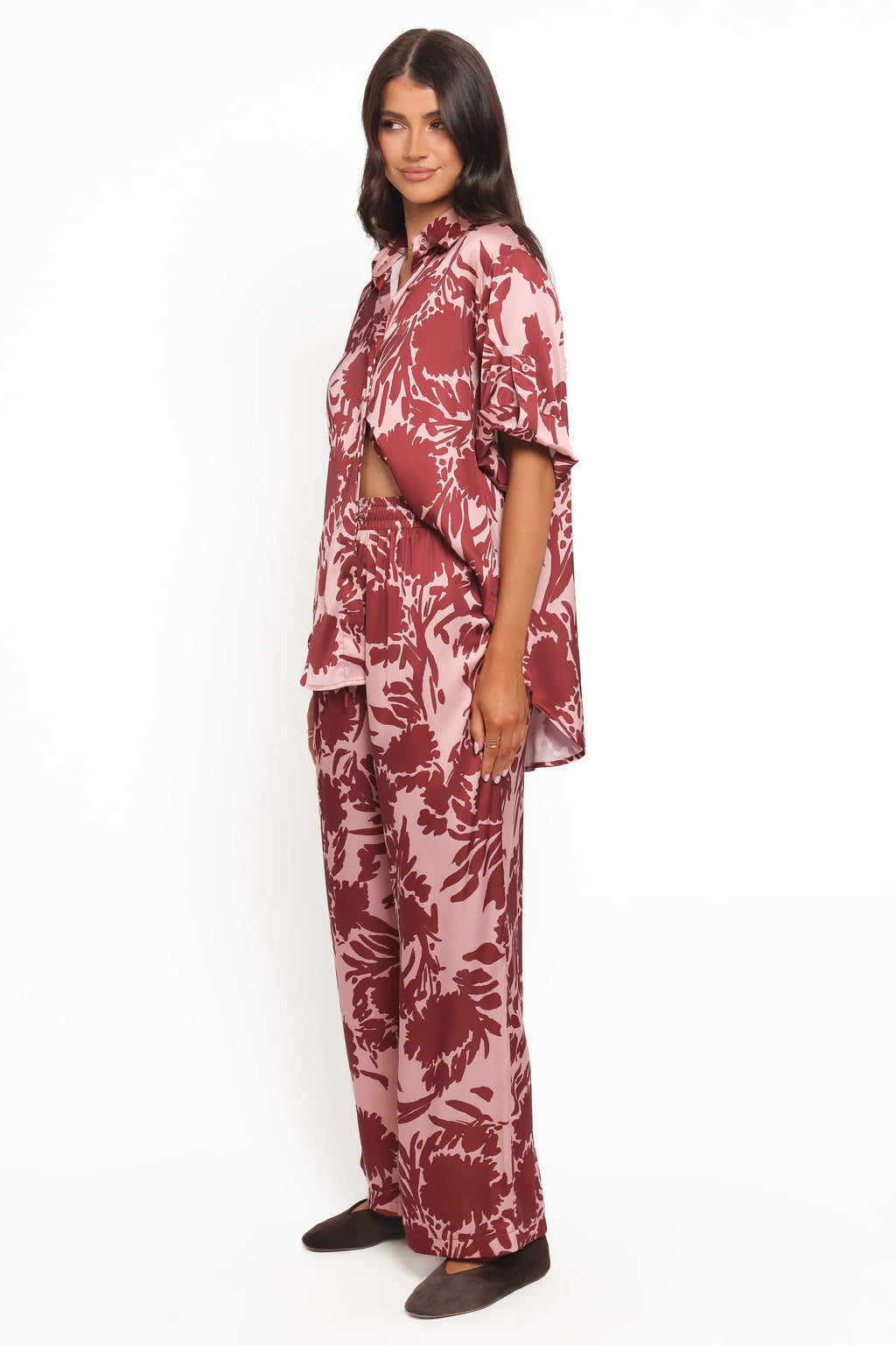 Wide Leg Pants - Pink Burgundy Floral