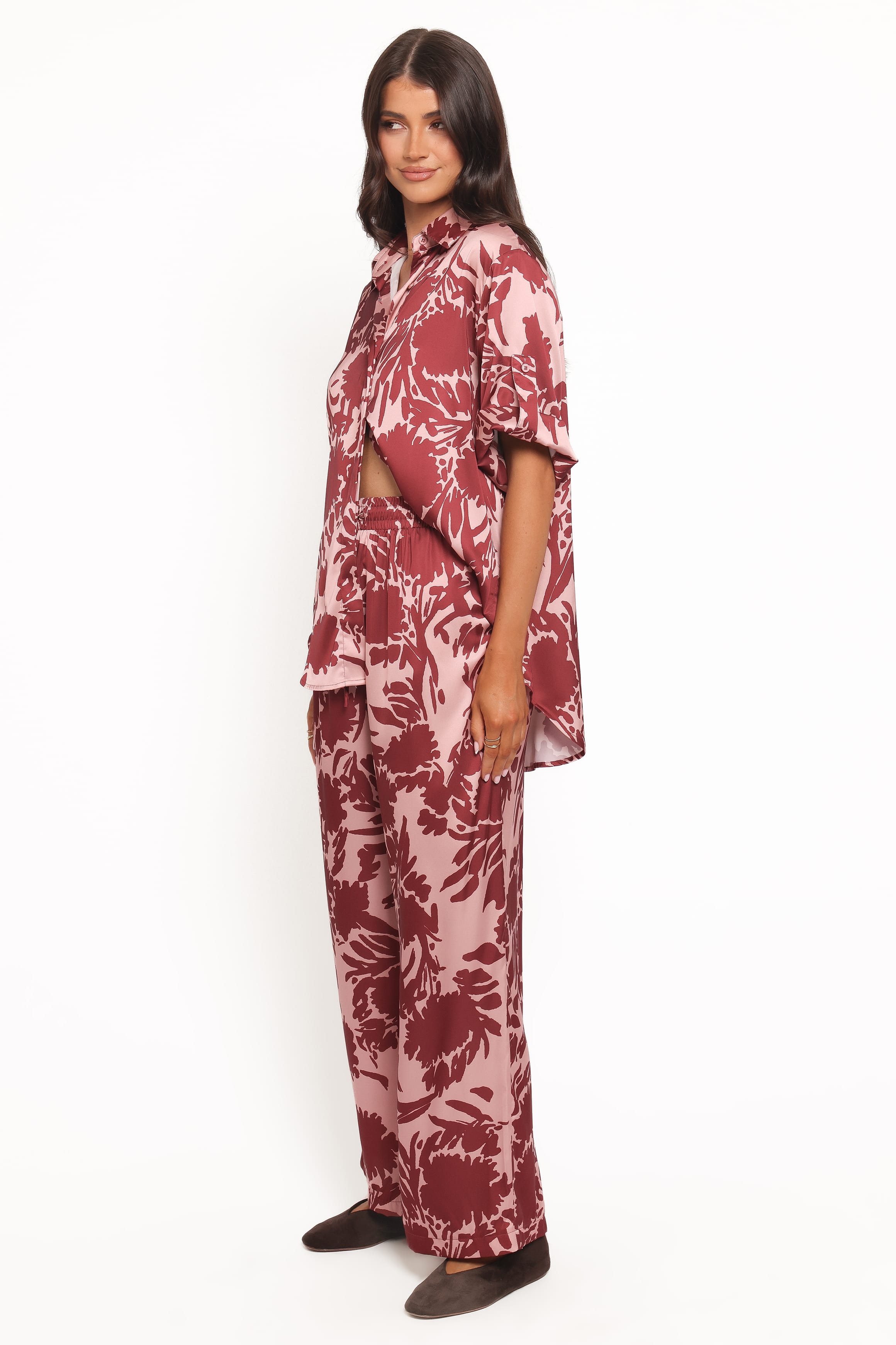 Wide Leg Pants - Pink Burgundy Floral