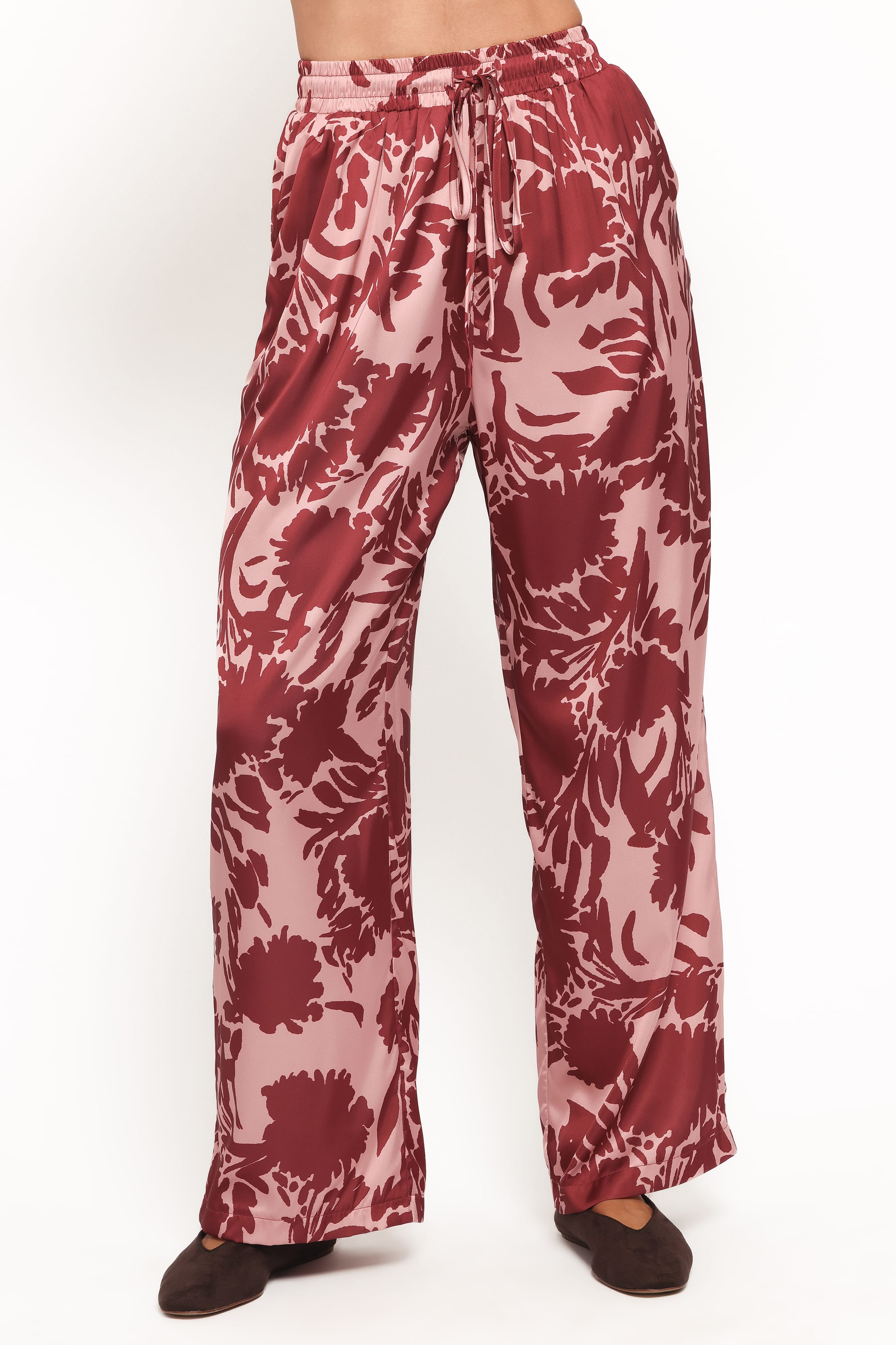 Wide Leg Pants - Pink Burgundy Floral