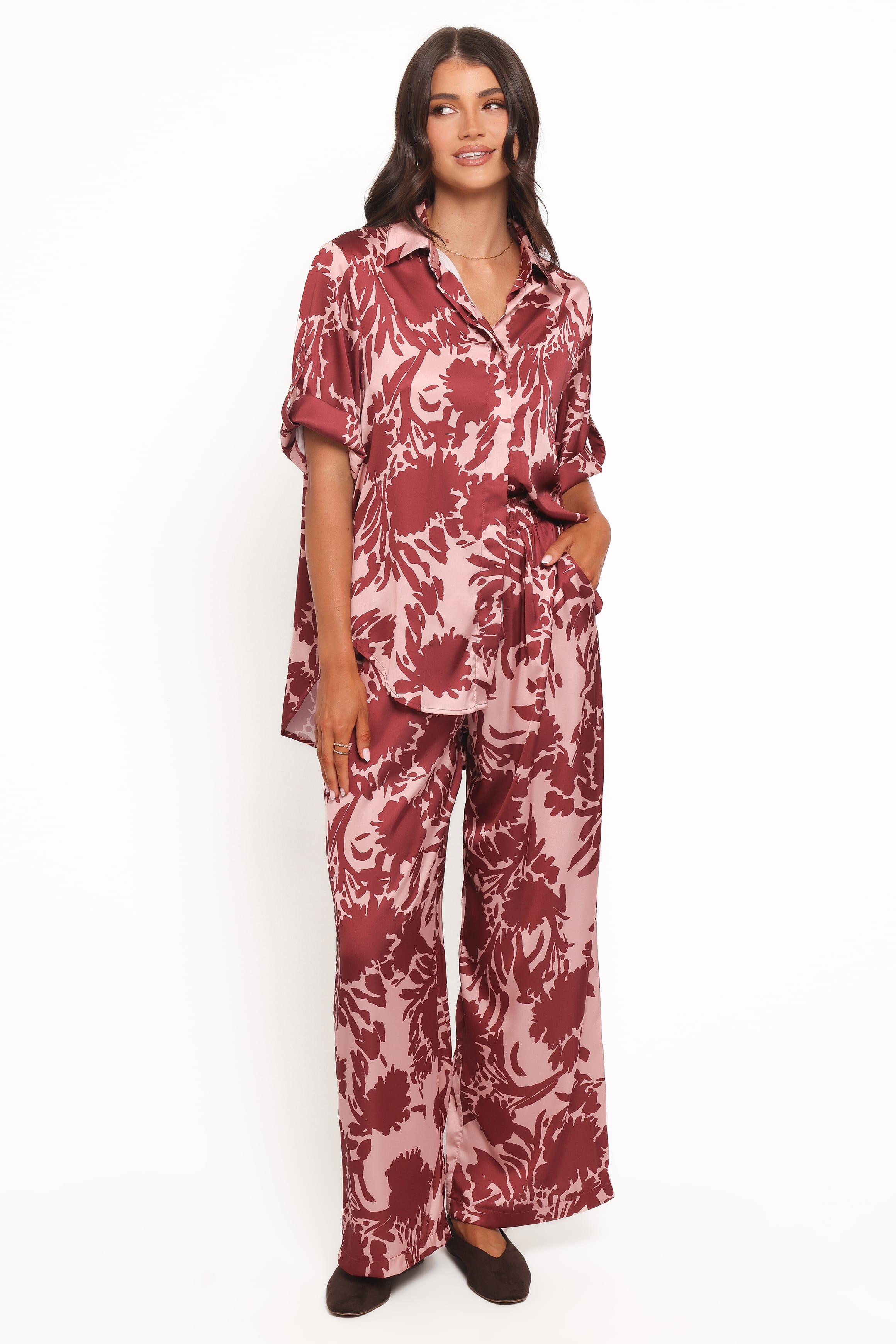 Wide Leg Pants - Pink Burgundy Floral