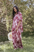 Wide Leg Pants - Pink Burgundy Floral