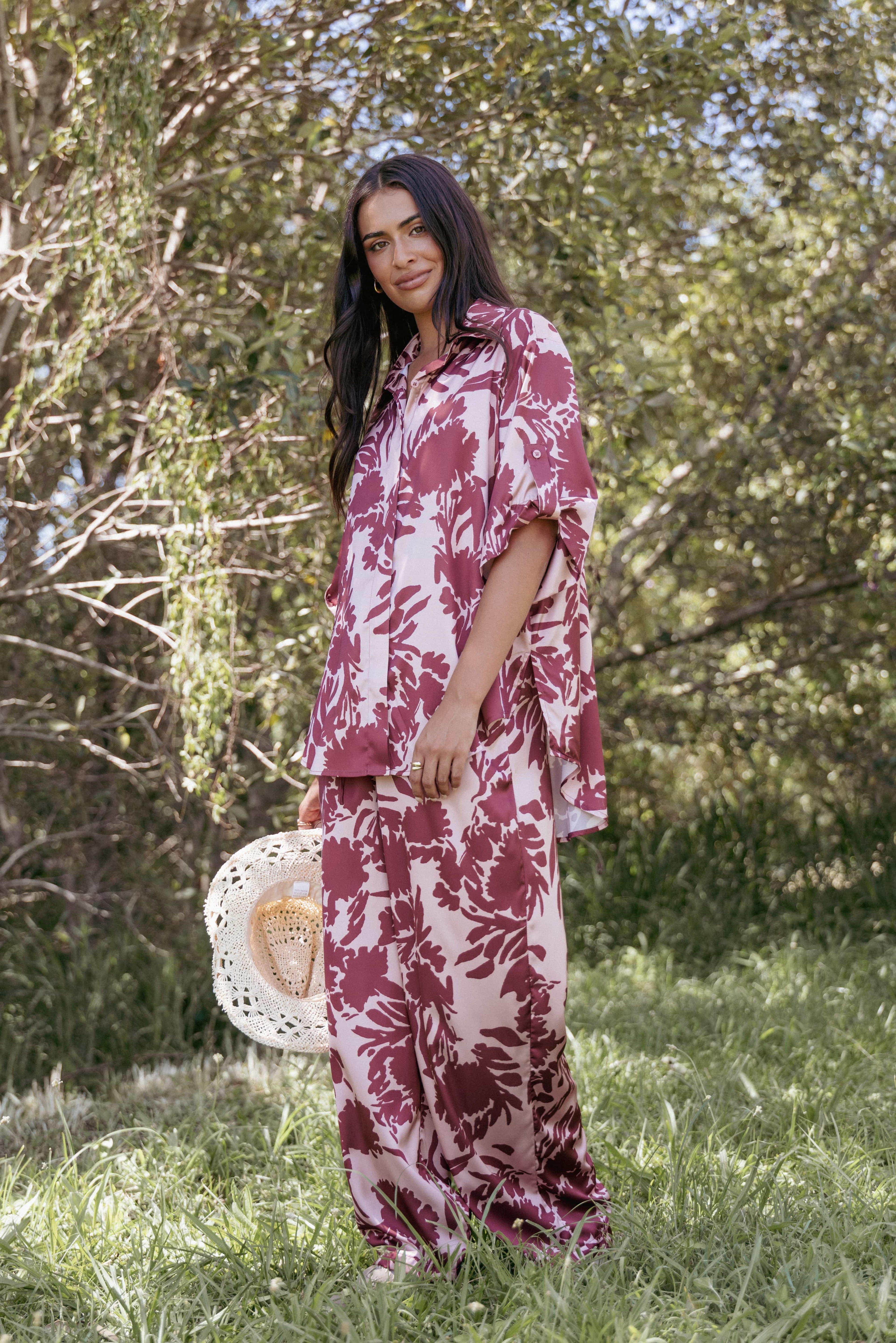 Wide Leg Pants - Pink Burgundy Floral