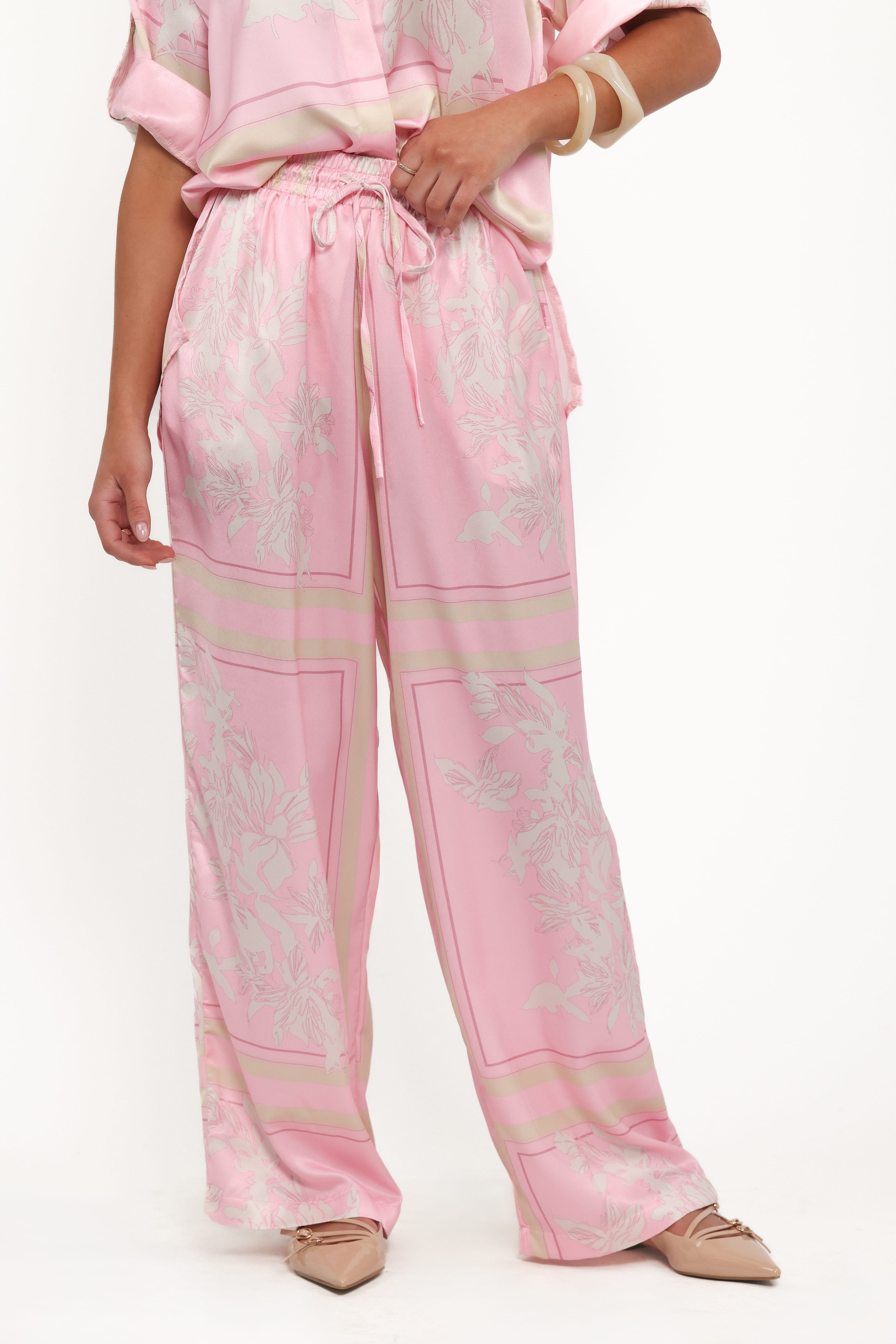 Wide Leg Pants - Pink White Floral