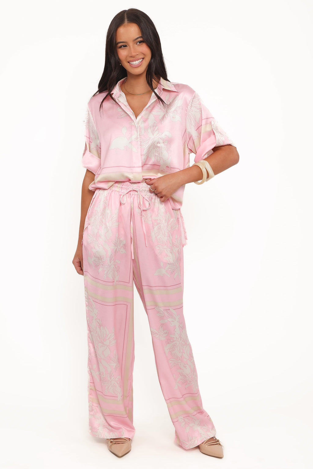 Wide Leg Pants - Pink White Floral