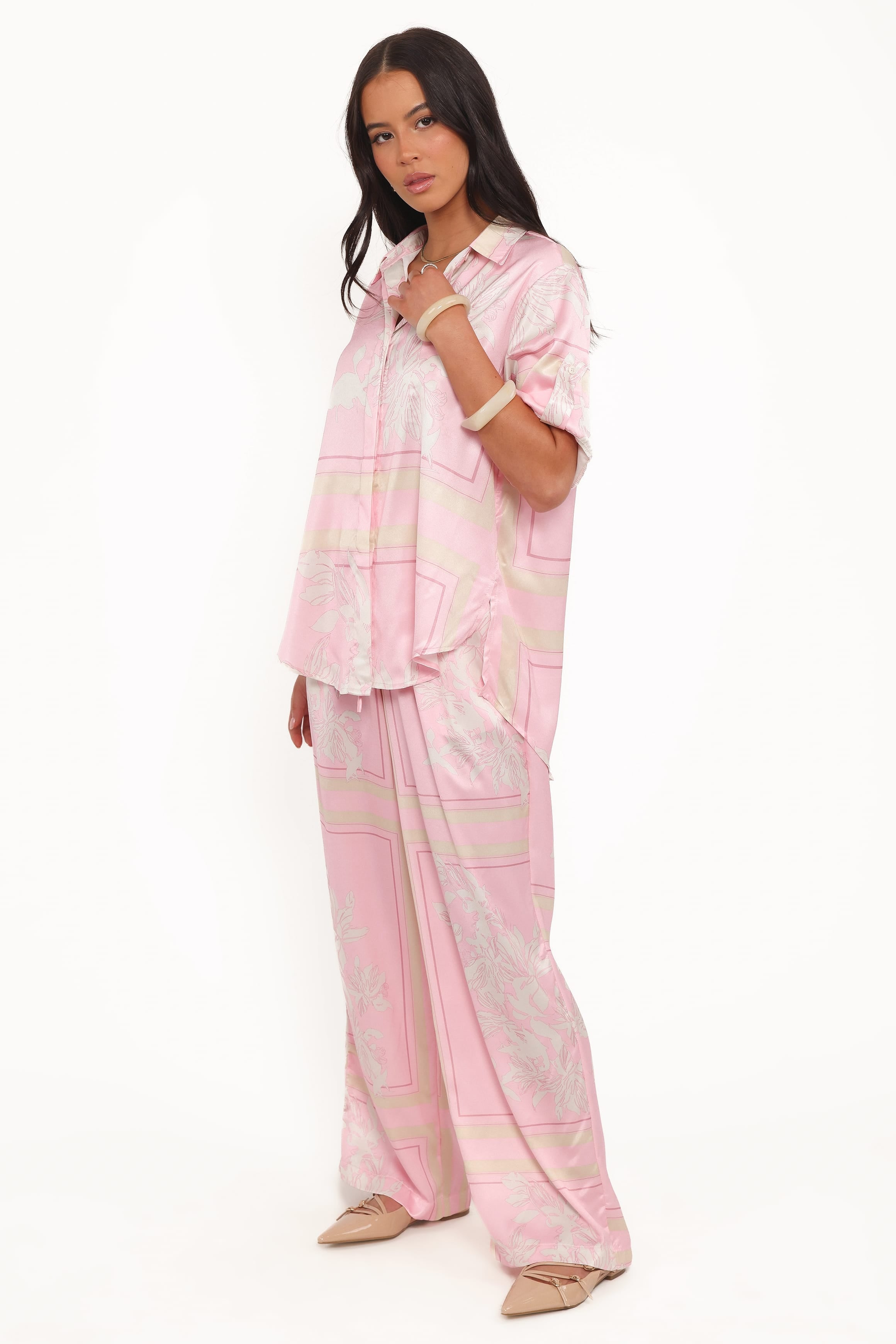 Wide Leg Pants - Pink White Floral
