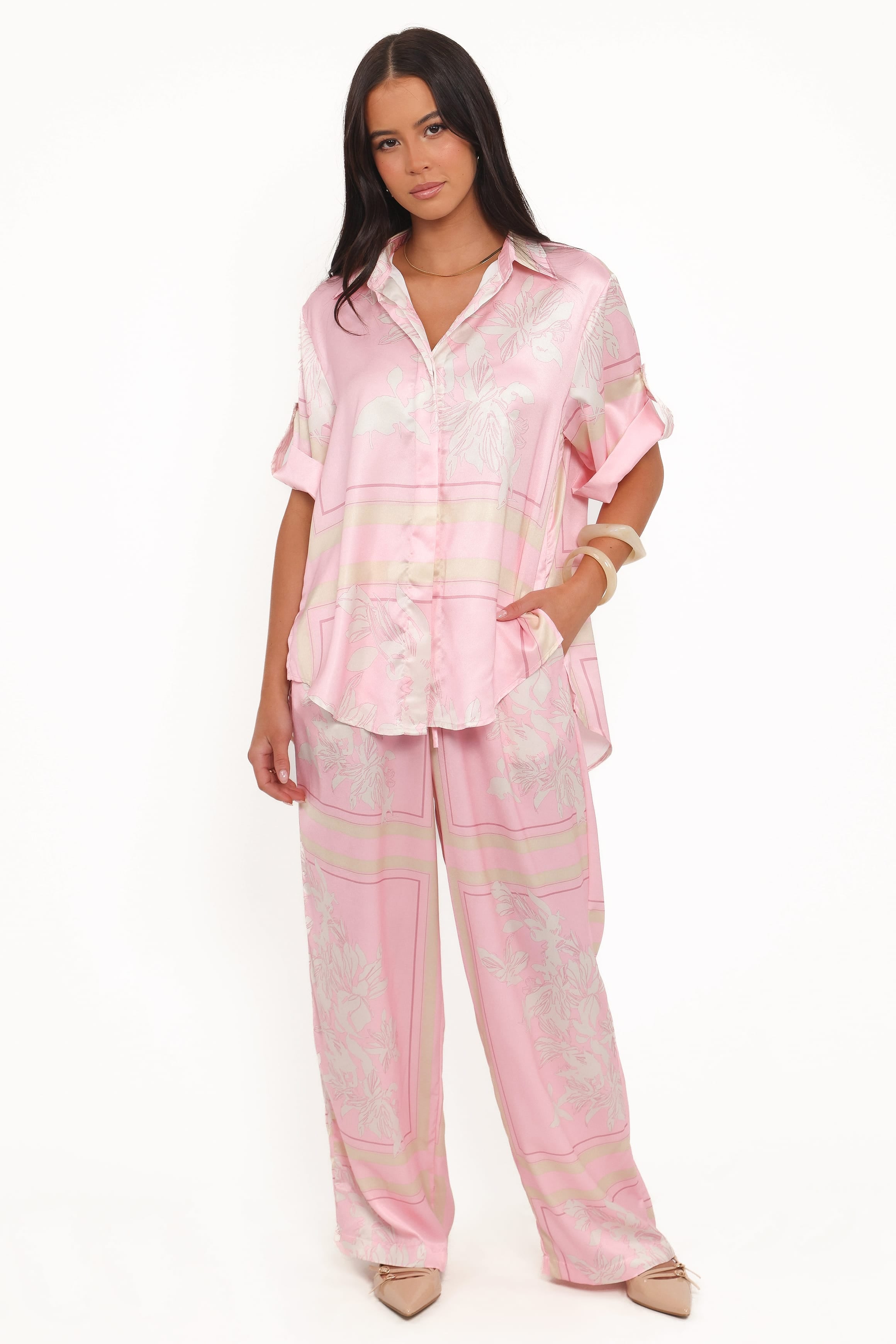 Wide Leg Pants - Pink White Floral