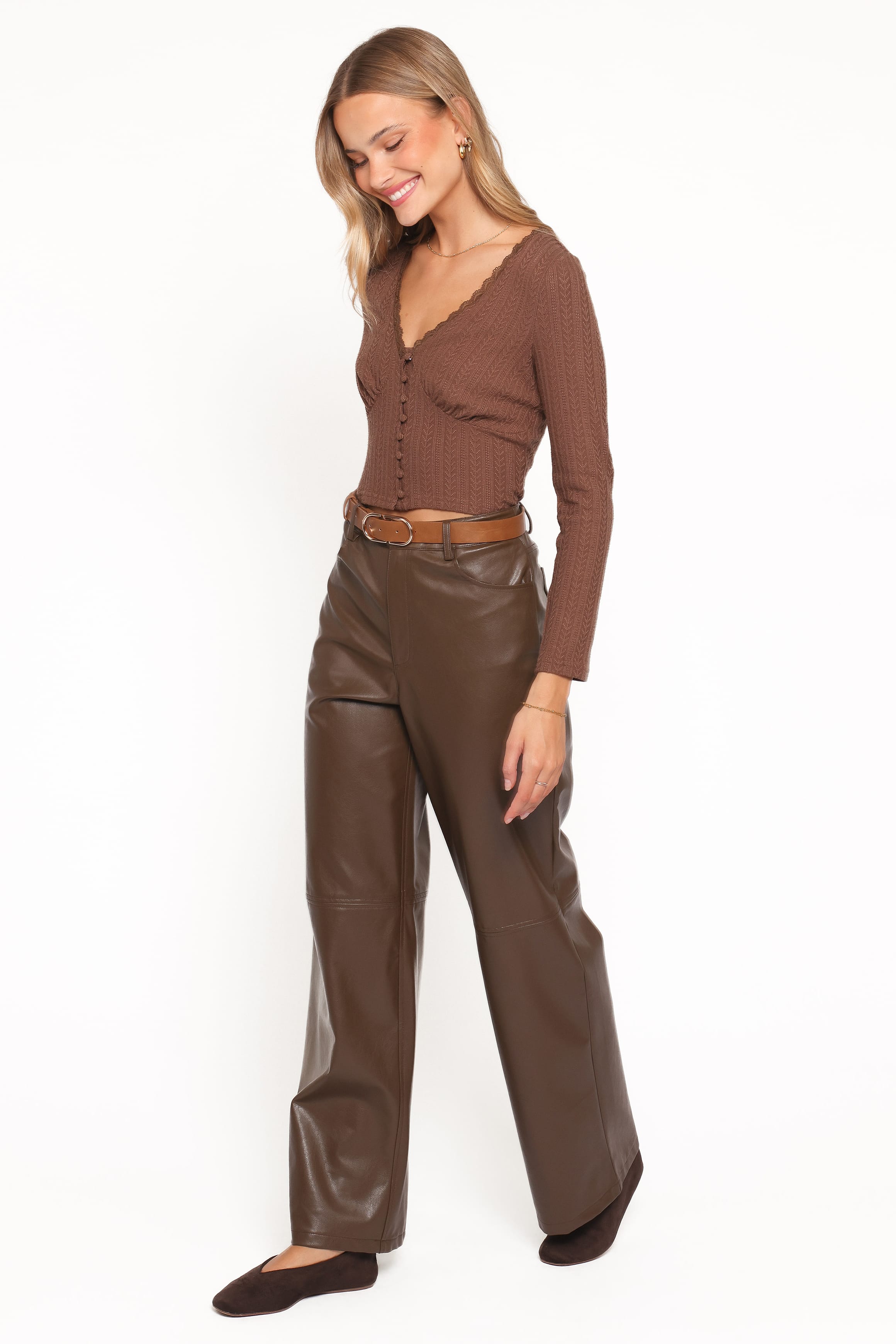 Wide Leg Pant - Chocolate Brown Faux Leather