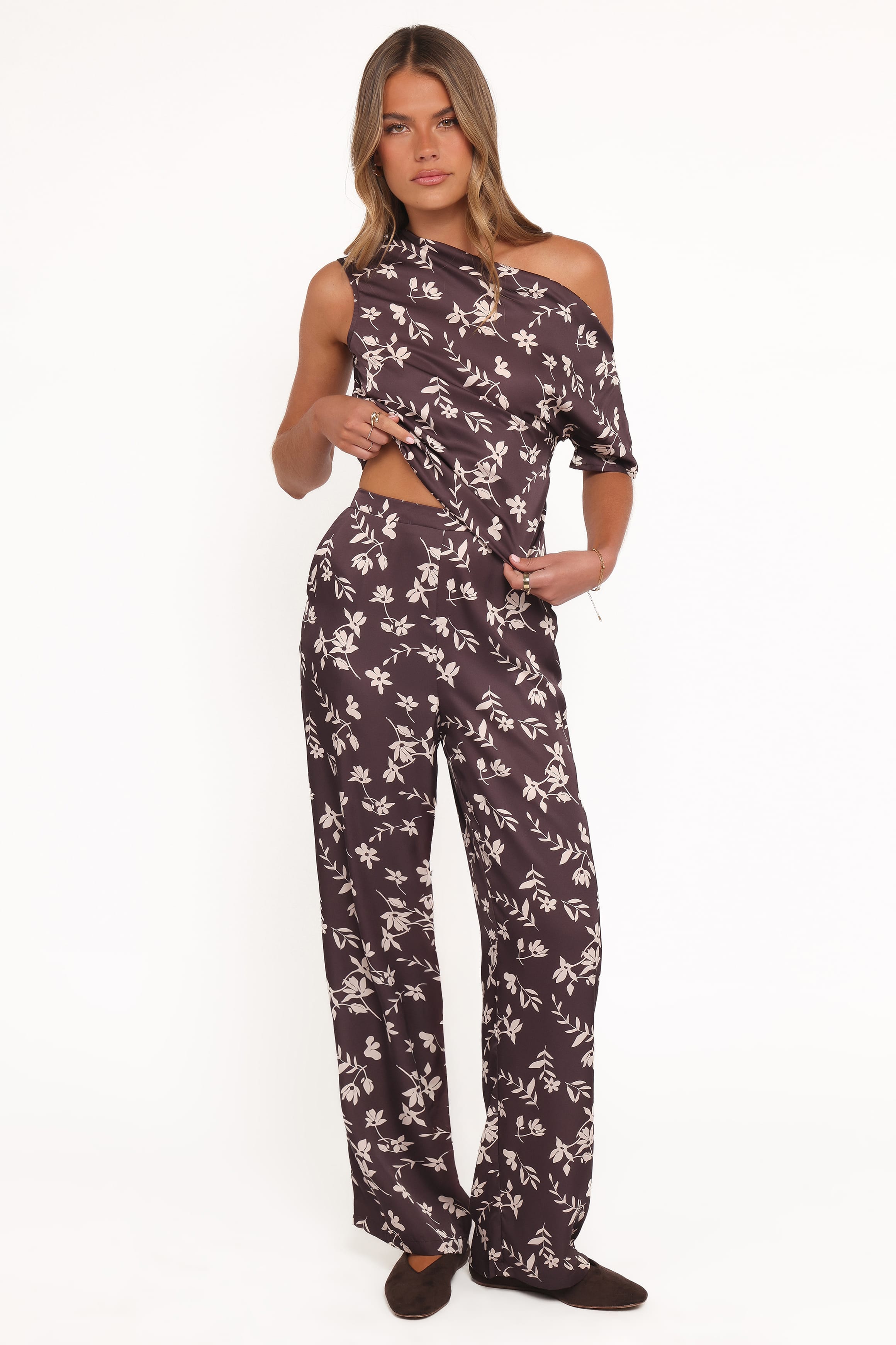 Wide Leg Pant - Brown Cream Floral