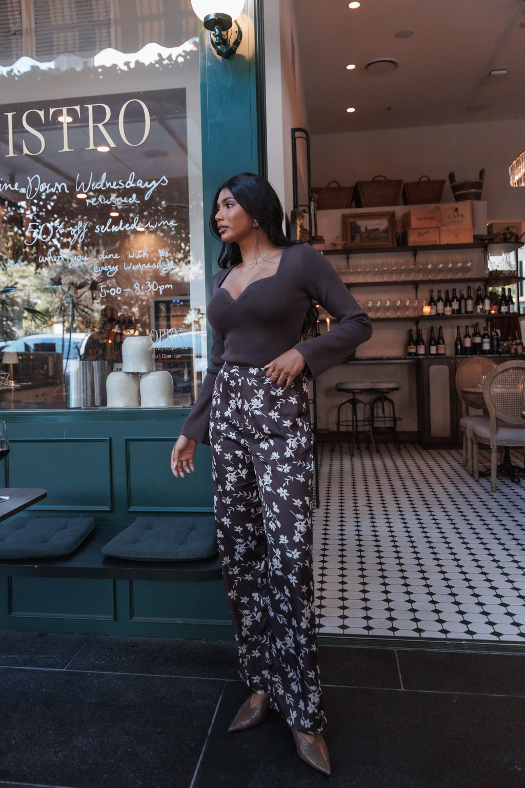 Wide Leg Pant - Brown Cream Floral