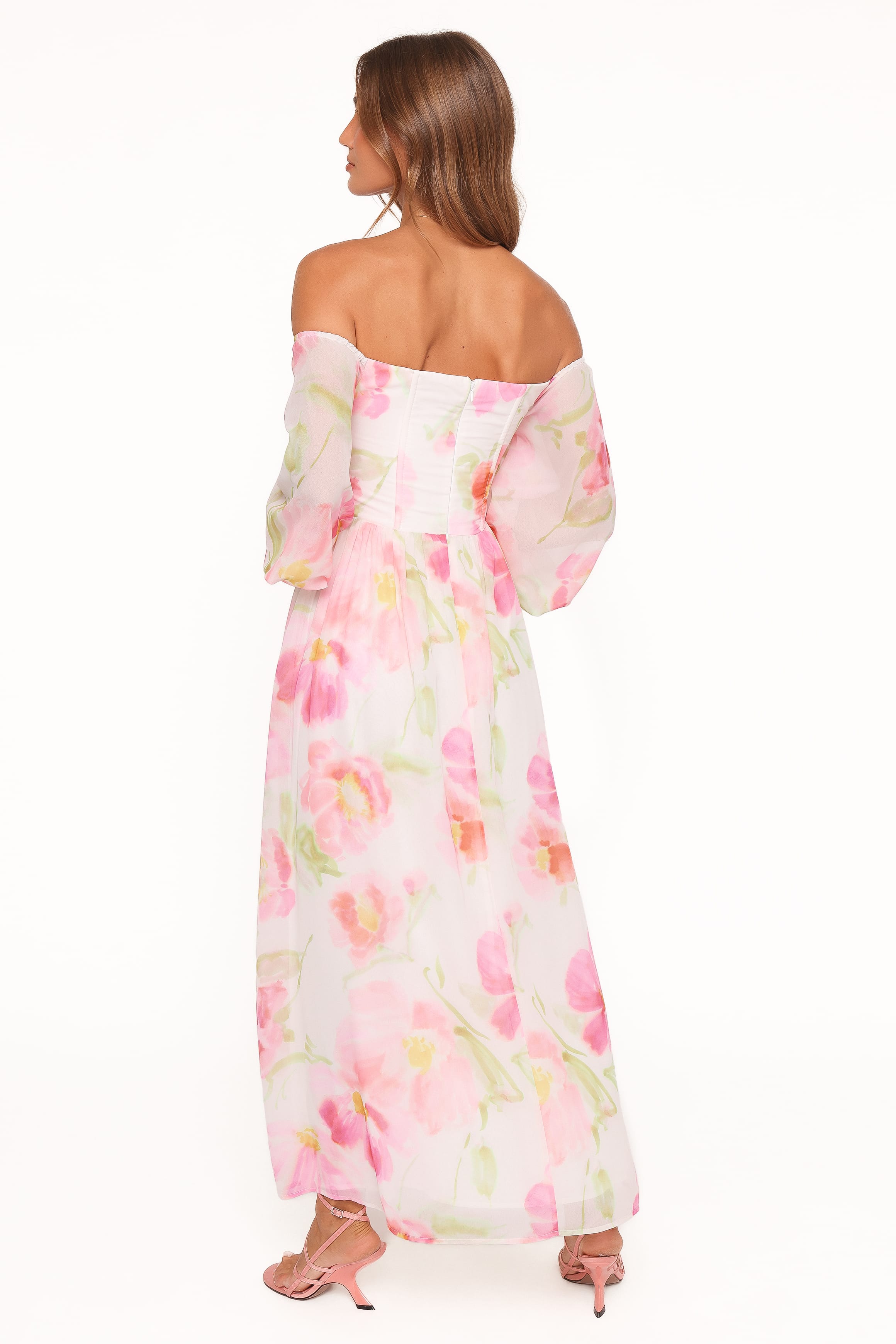 Off Shoulder Maxi Dress - Pink Garden Floral