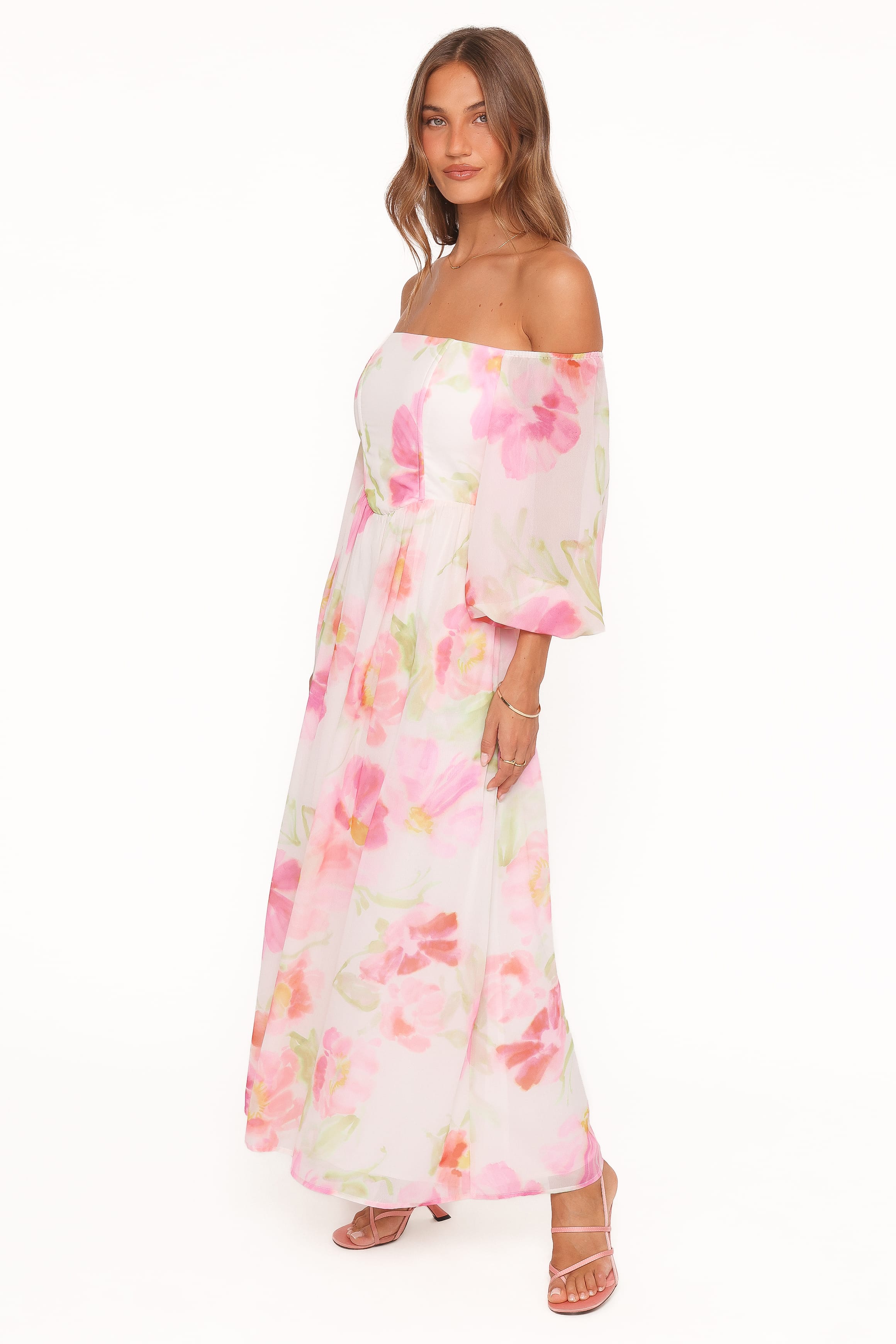 Off Shoulder Maxi Dress - Pink Garden Floral