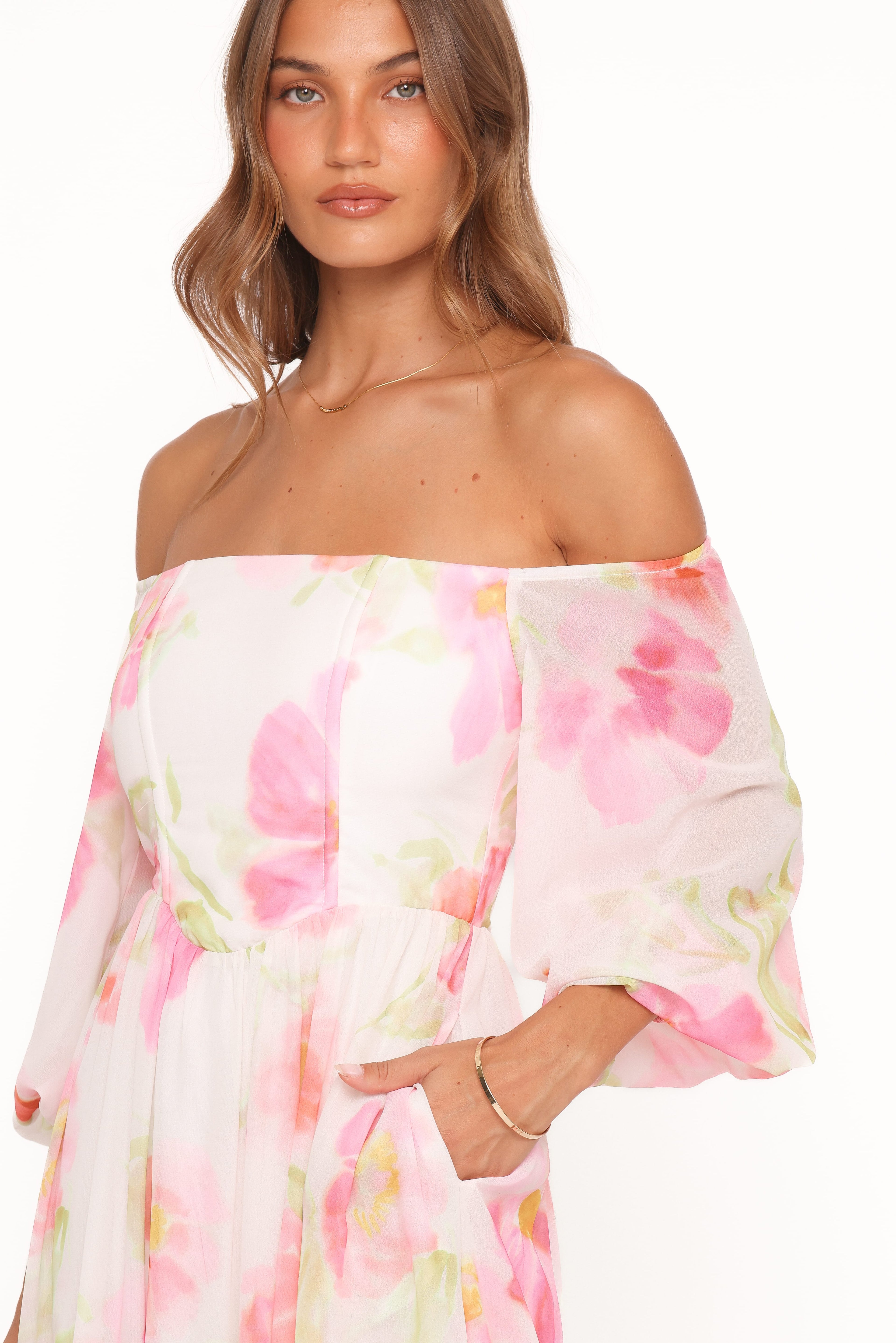 Off Shoulder Maxi Dress - Pink Garden Floral