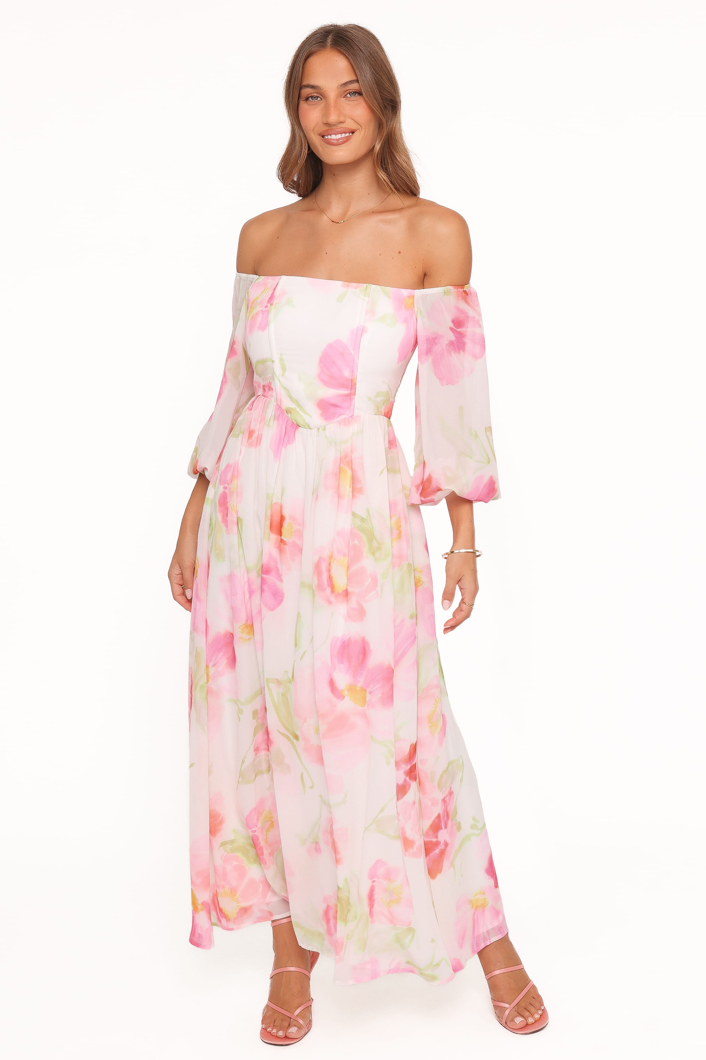 Off Shoulder Maxi Dress - Pink Garden Floral