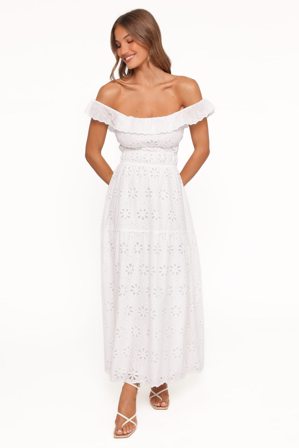 Maxi Dress - White Floral Frill Collar
