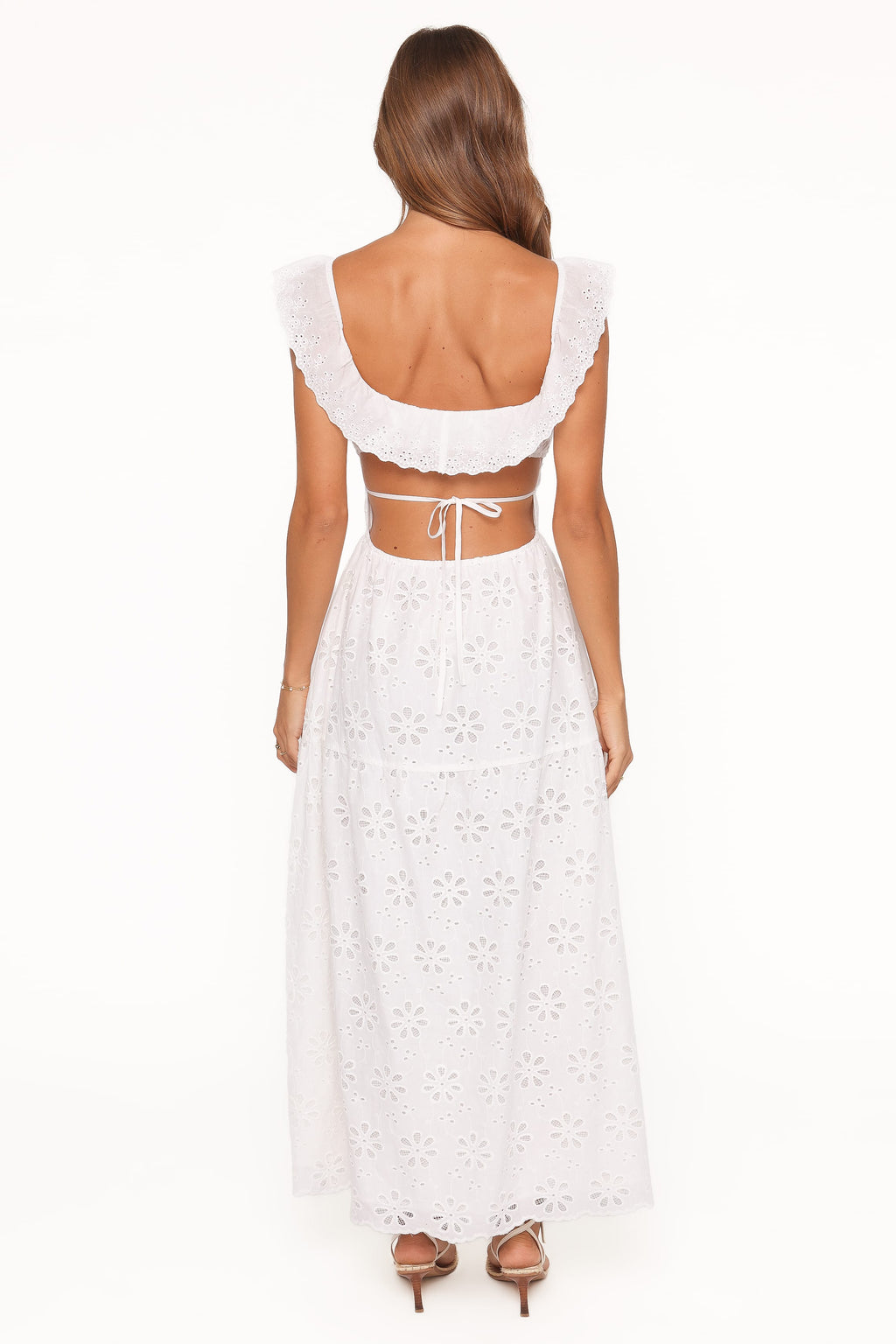 Maxi Dress - White Floral Frill Collar