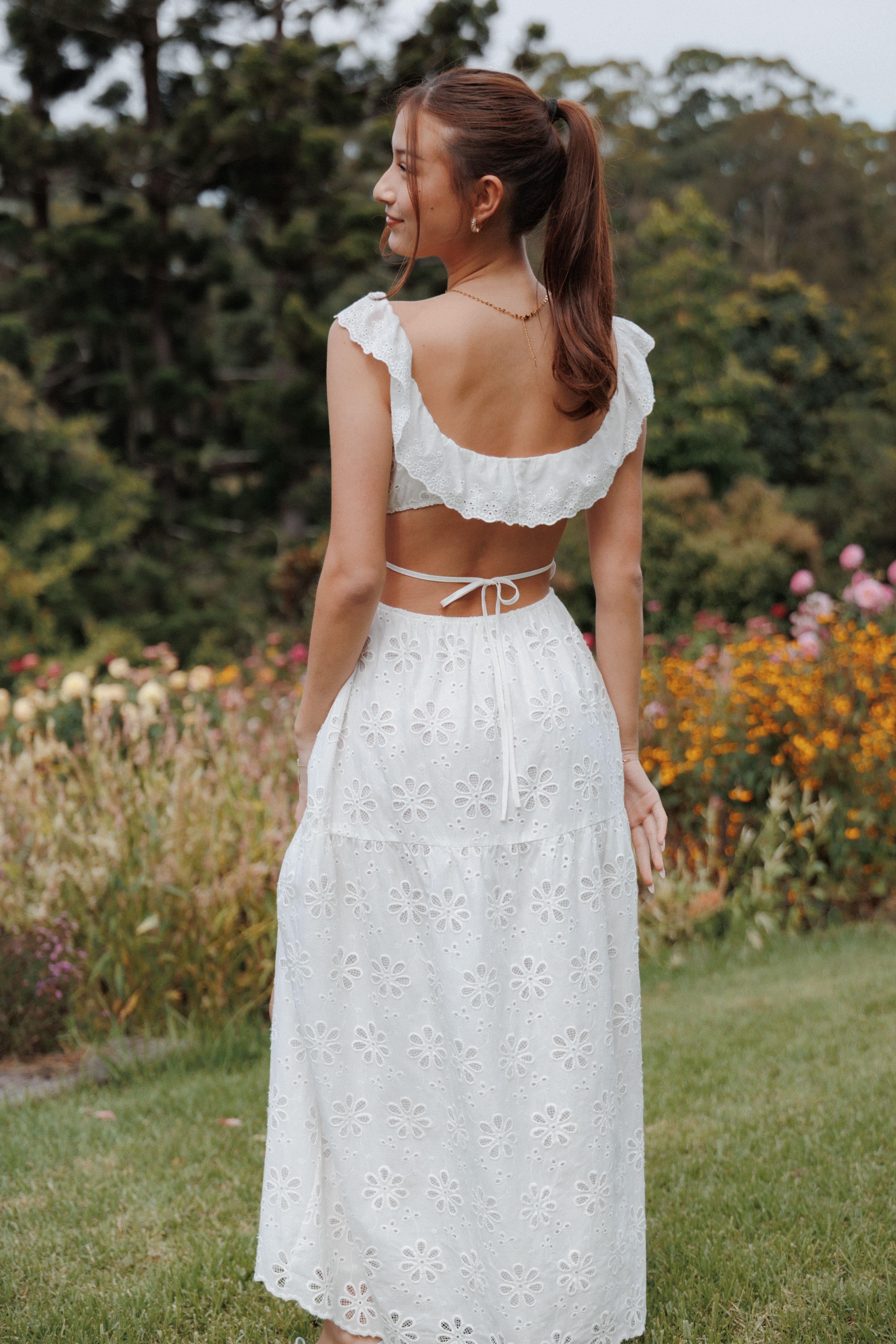 Maxi Dress - White Floral Frill Collar