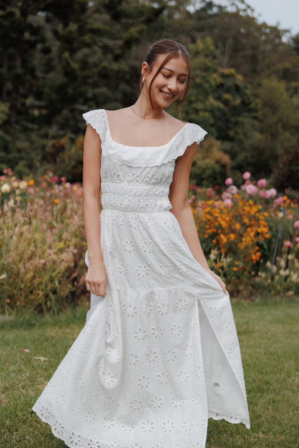 Maxi Dress - White Floral Frill Collar