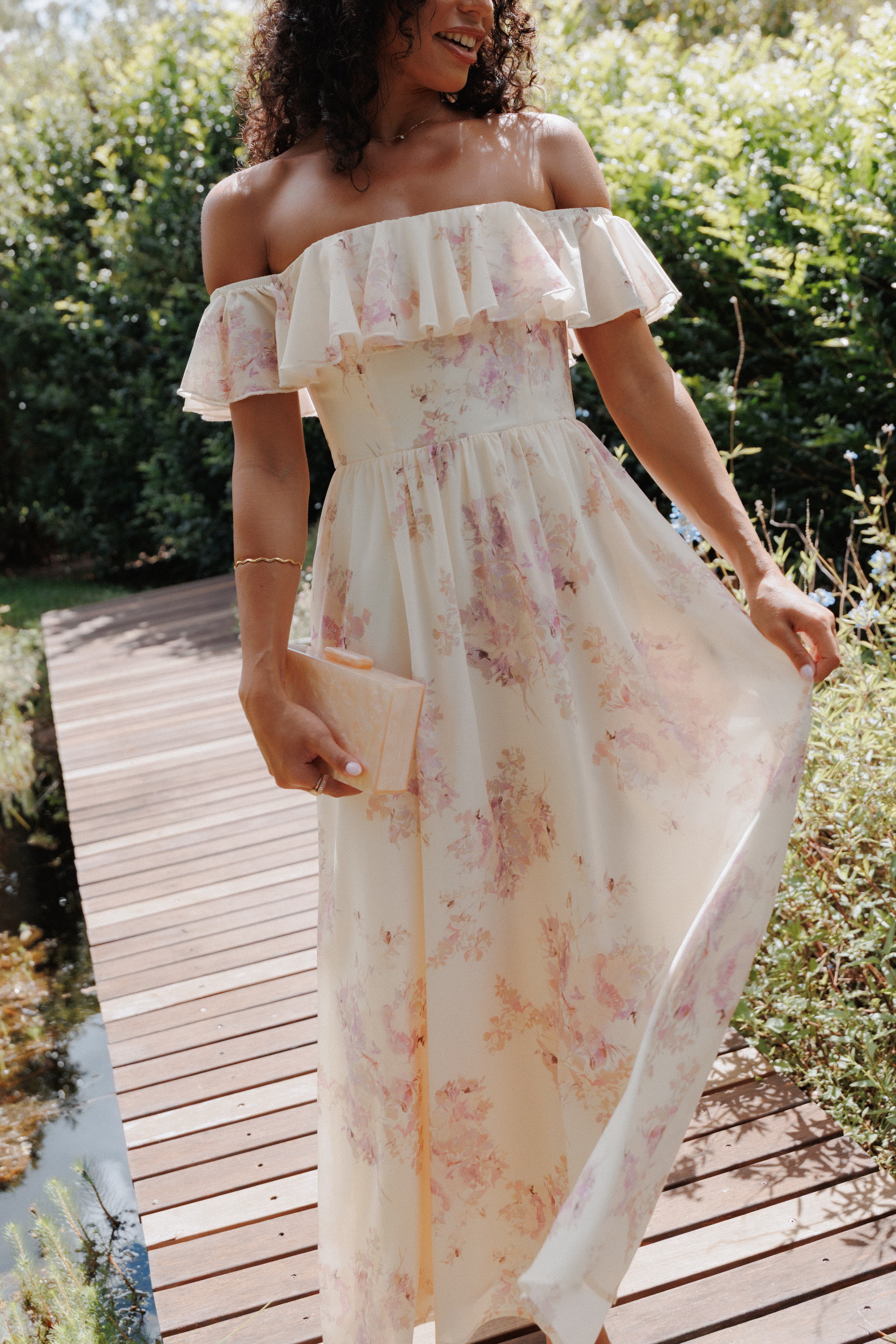 Off Shoulder Maxi Dress - Lavender Floral