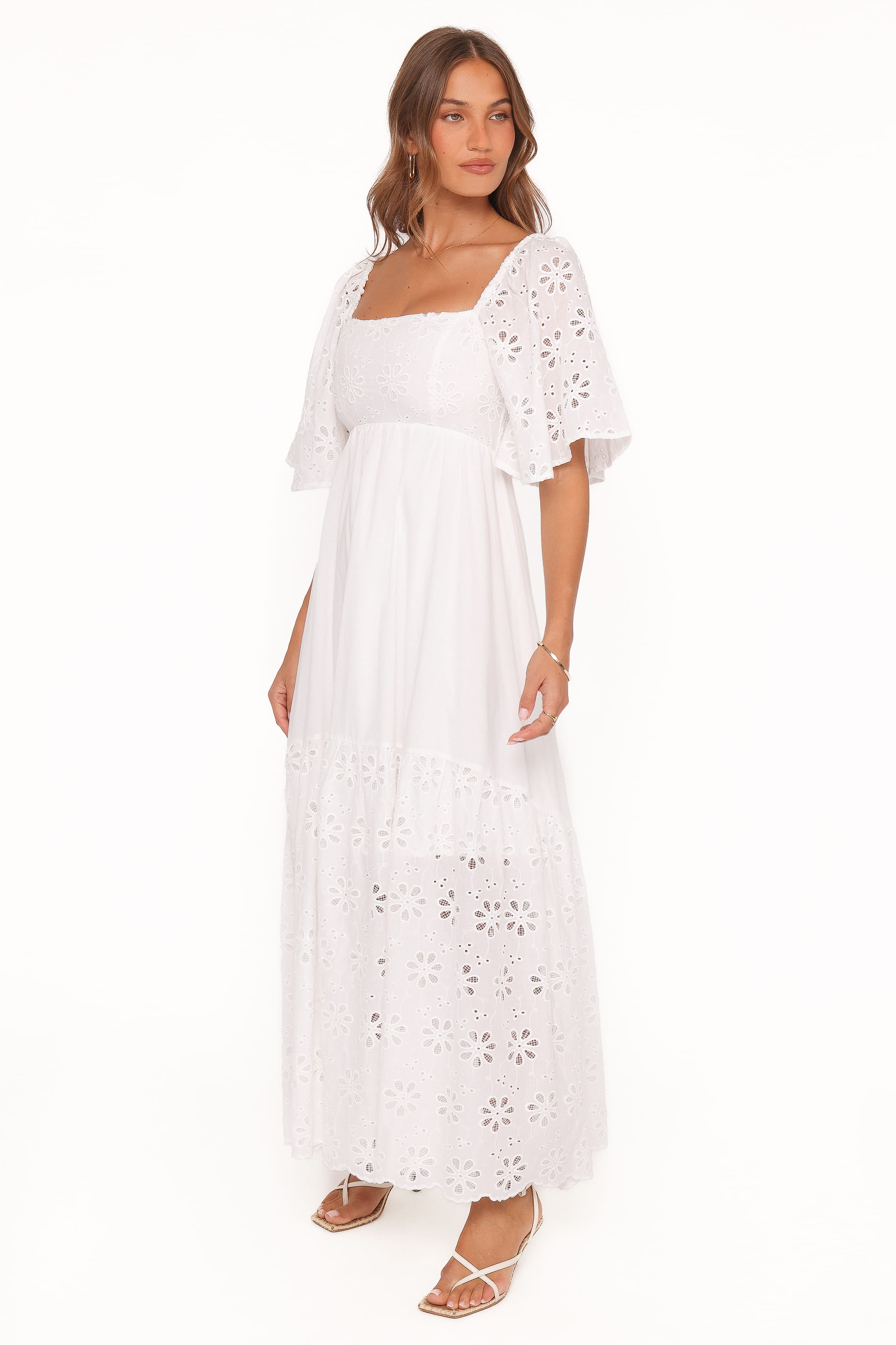 Maxi Dress - White Floral Short Sleeve