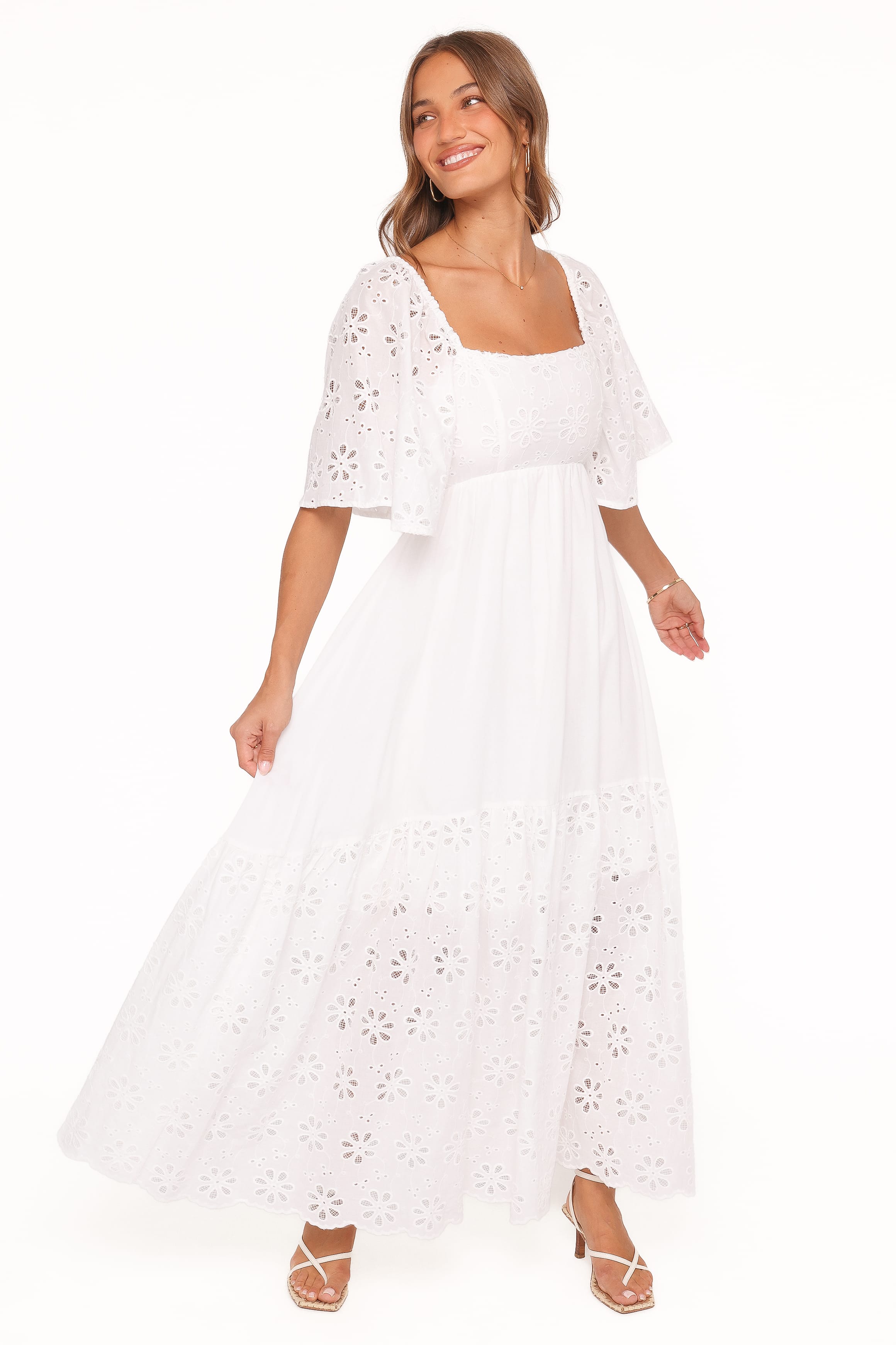 Maxi Dress - White Floral Short Sleeve