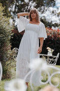 Maxi Dress - White Floral Short Sleeve