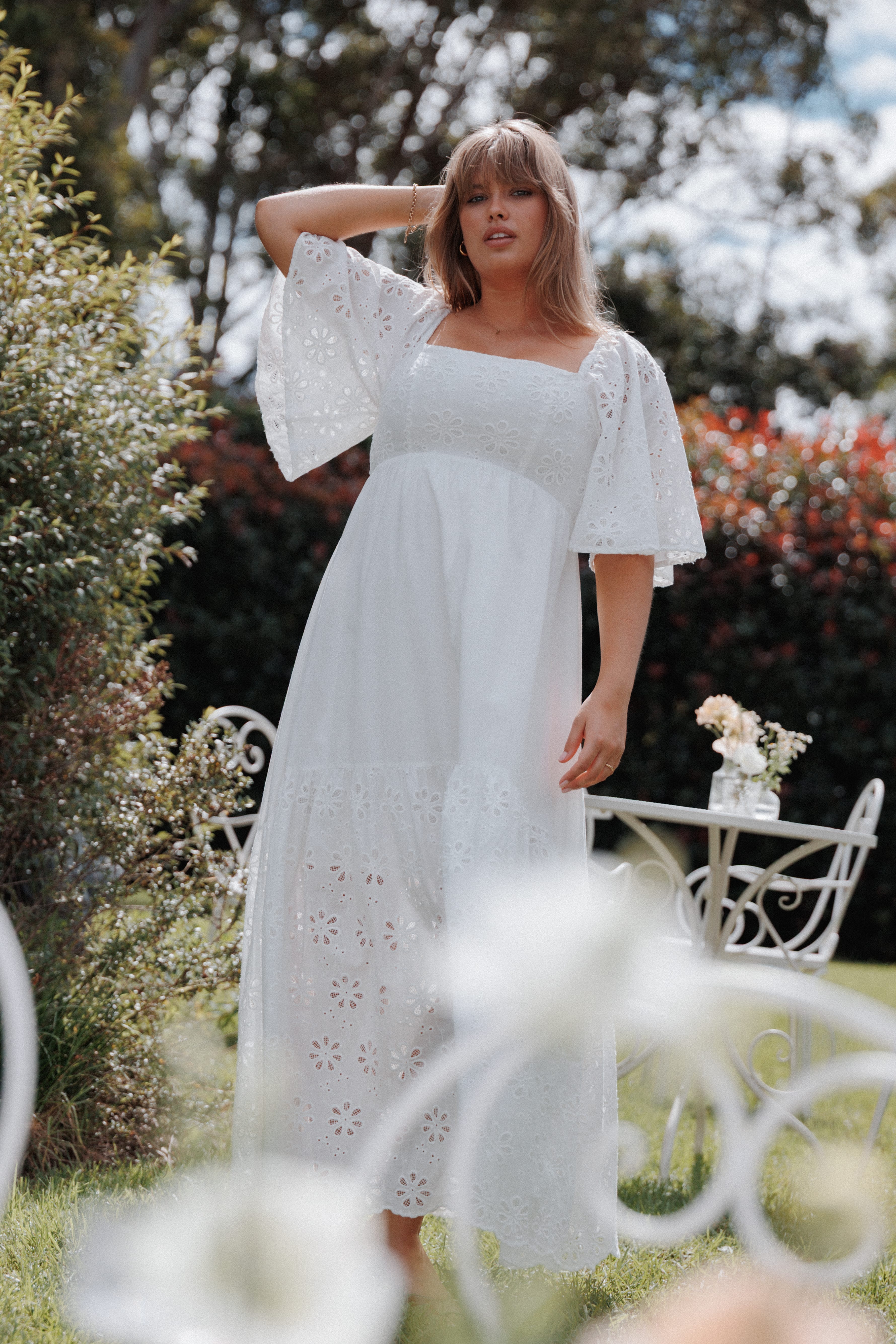 Maxi Dress - White Floral Short Sleeve