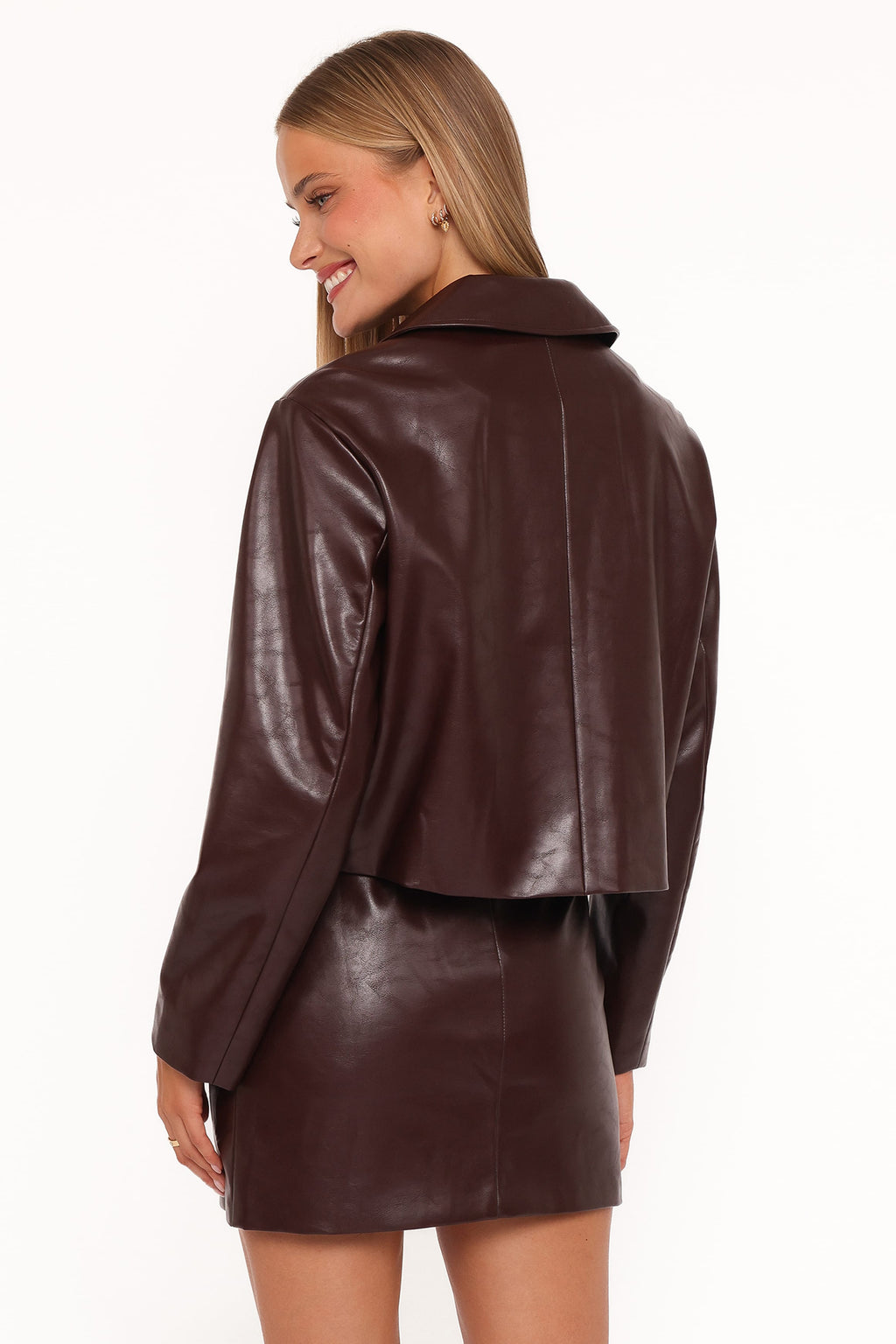 Crop Faux Leather Jacket - Burgundy