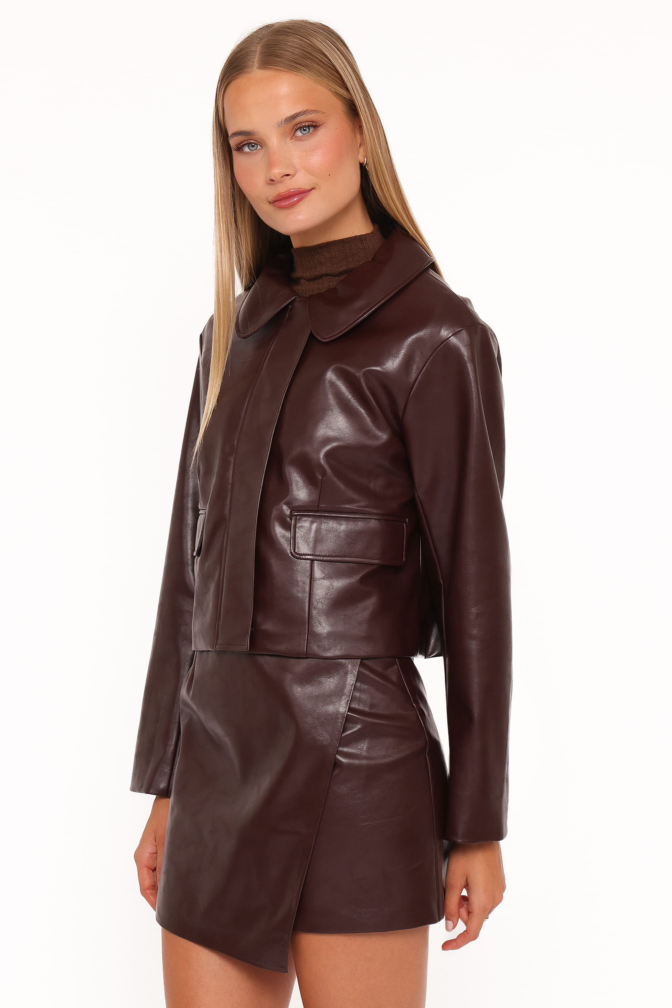 Crop Faux Leather Jacket - Burgundy