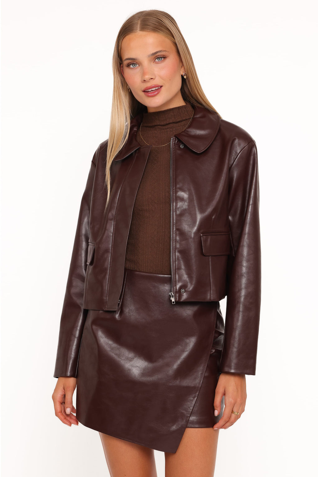 Crop Faux Leather Jacket - Burgundy